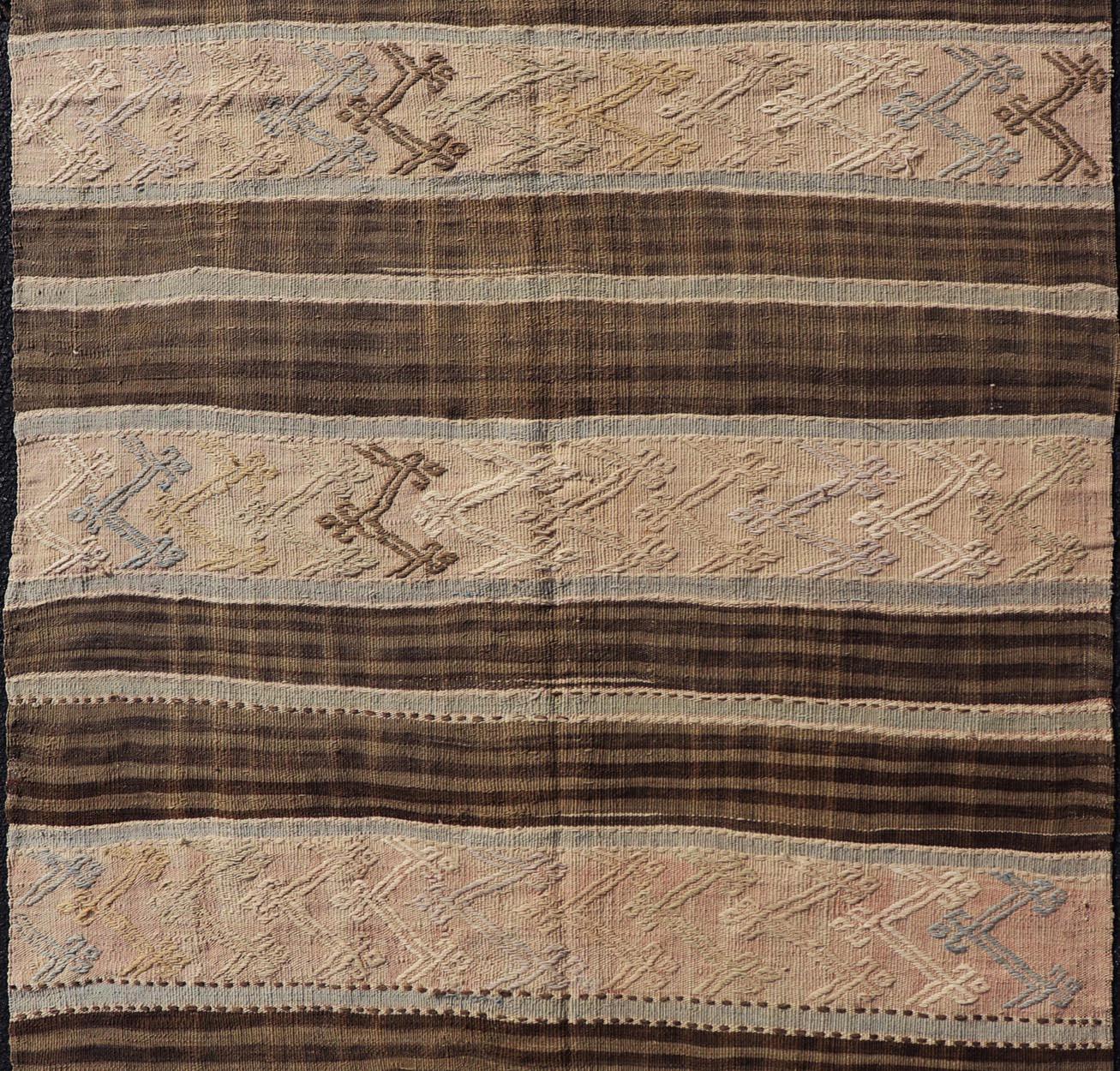 Vintage Turkish Flat-Weave Striped Kilim in Taupe, Brown, and Light Blue For Sale 2
