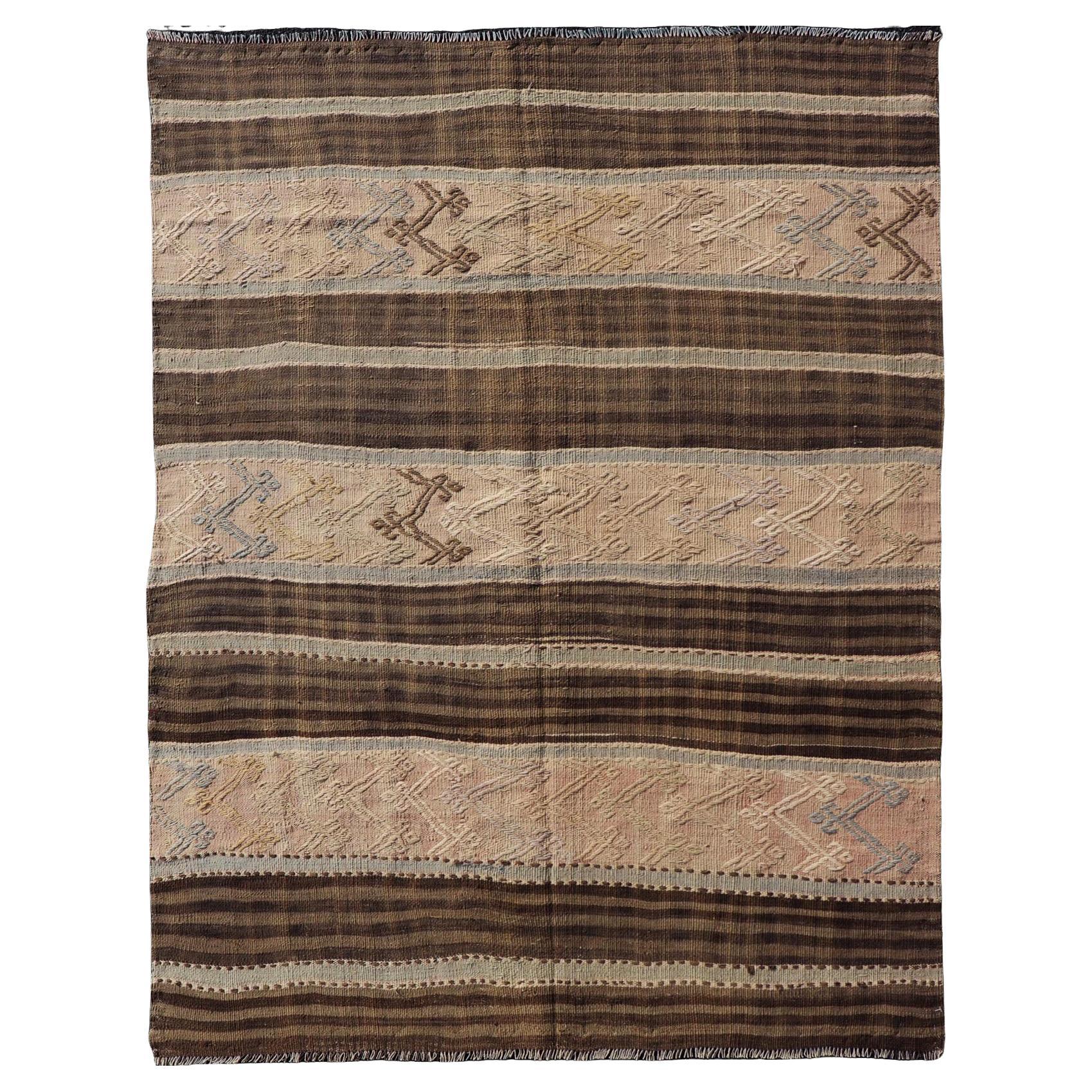 Vintage Turkish Flat-Weave Striped Kilim in Taupe, Brown, and Light Blue For Sale