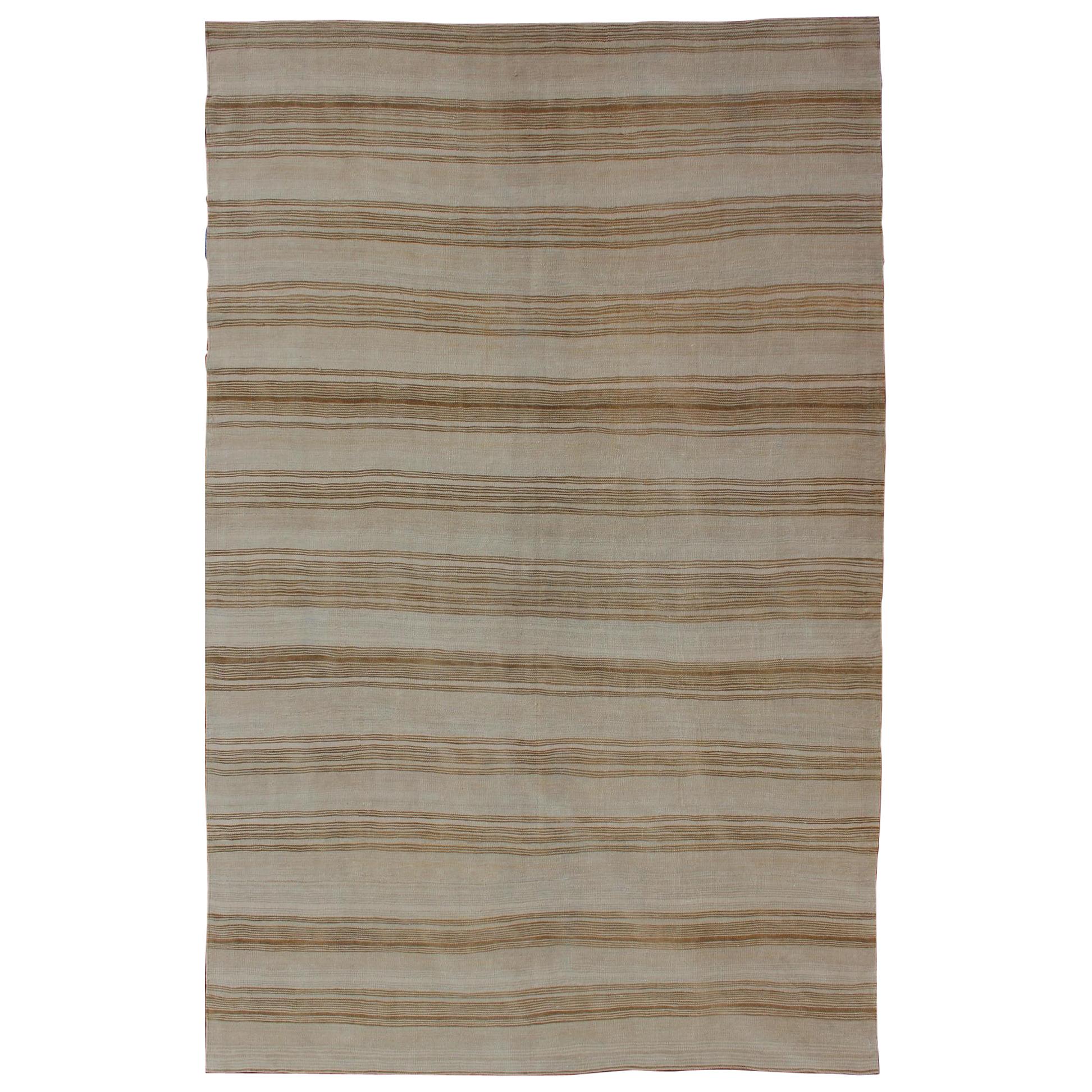 Vintage Turkish Flat-Weave Striped Kilim in Taupe, Brown and Tan Colors