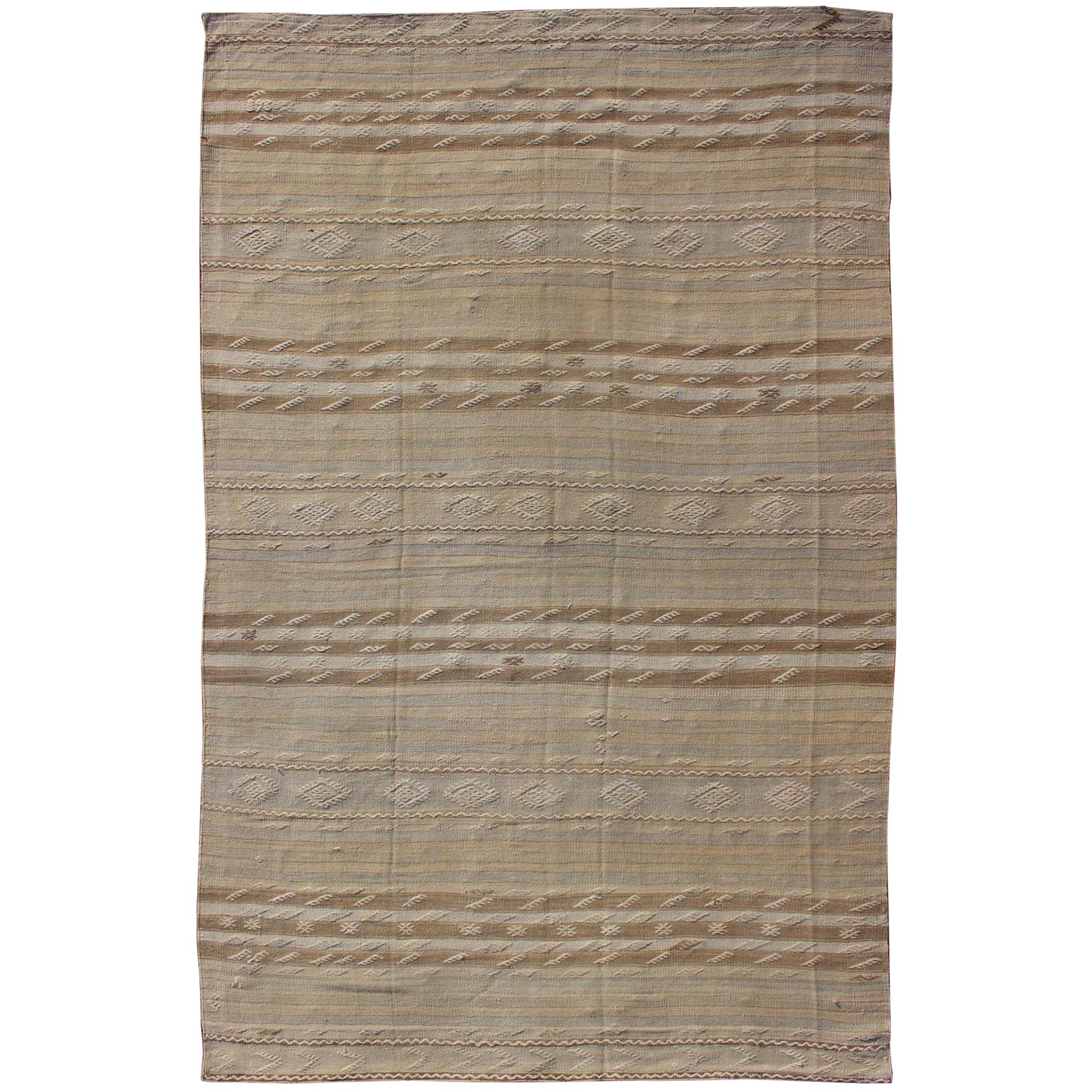Vintage Turkish Flat-Weave Striped Kilim in Taupe Colors