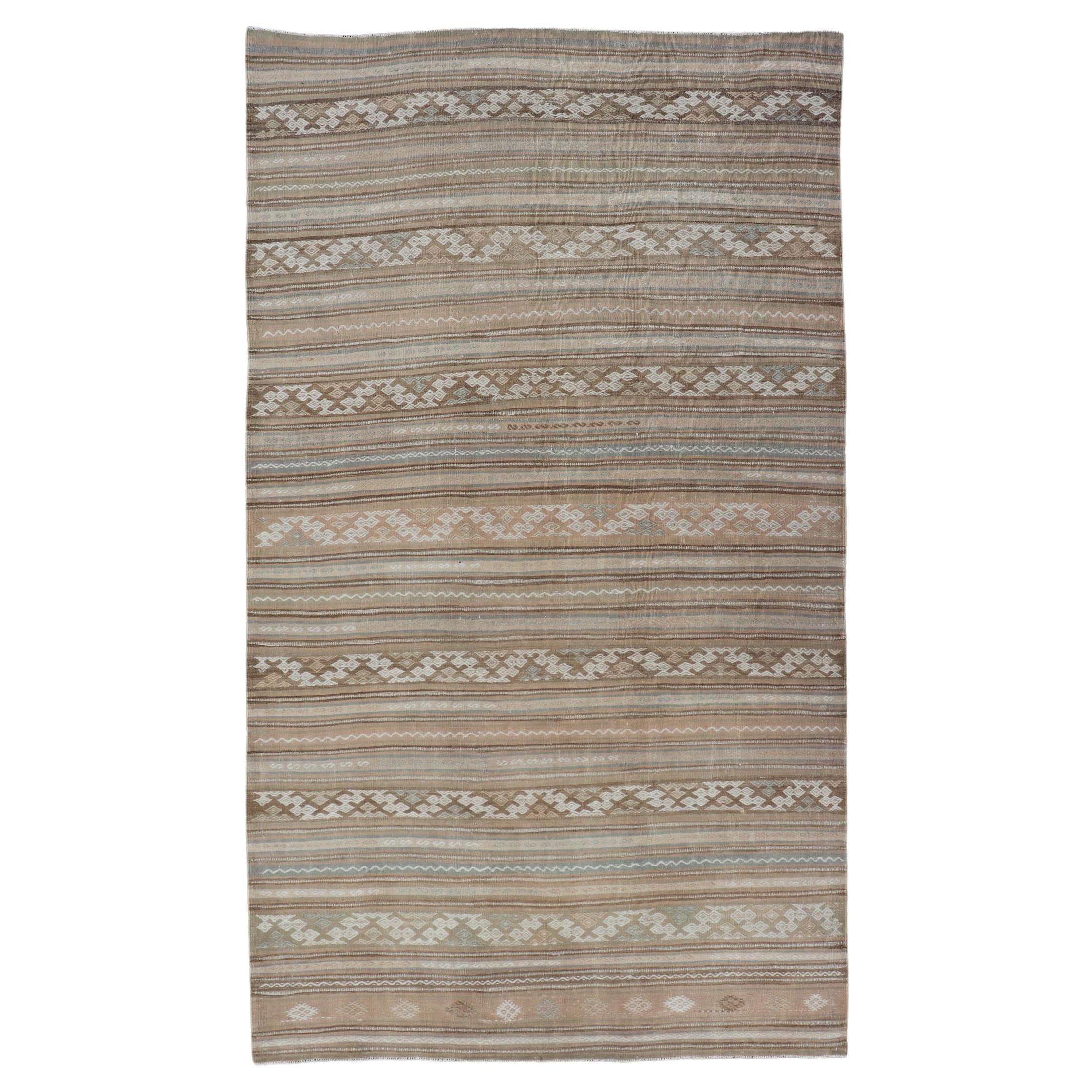 Vintage Turkish Flat-Weave Striped Kilim in Taupe, Cream, and Light Brown