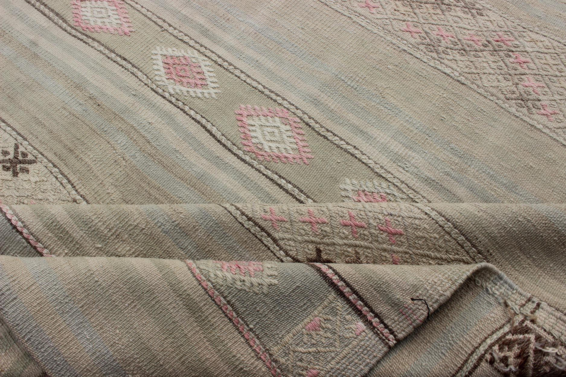 Vintage Turkish Flat-Weave Striped Kilim in Taupe, Pink, and Light Brown For Sale 6