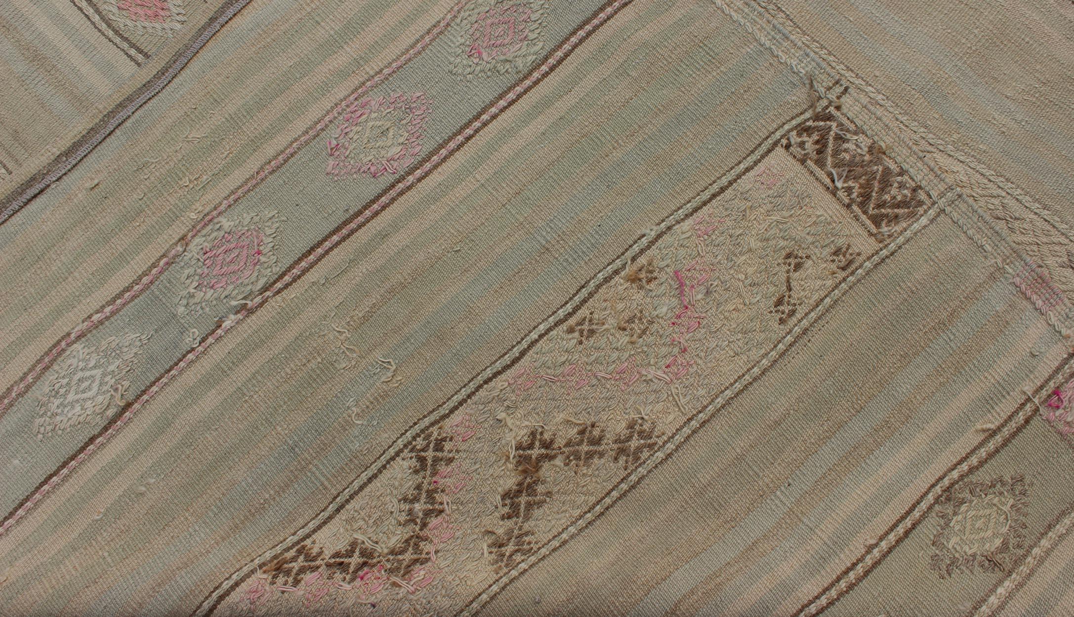Vintage Turkish Flat-Weave Striped Kilim in Taupe, Pink, and Light Brown For Sale 7