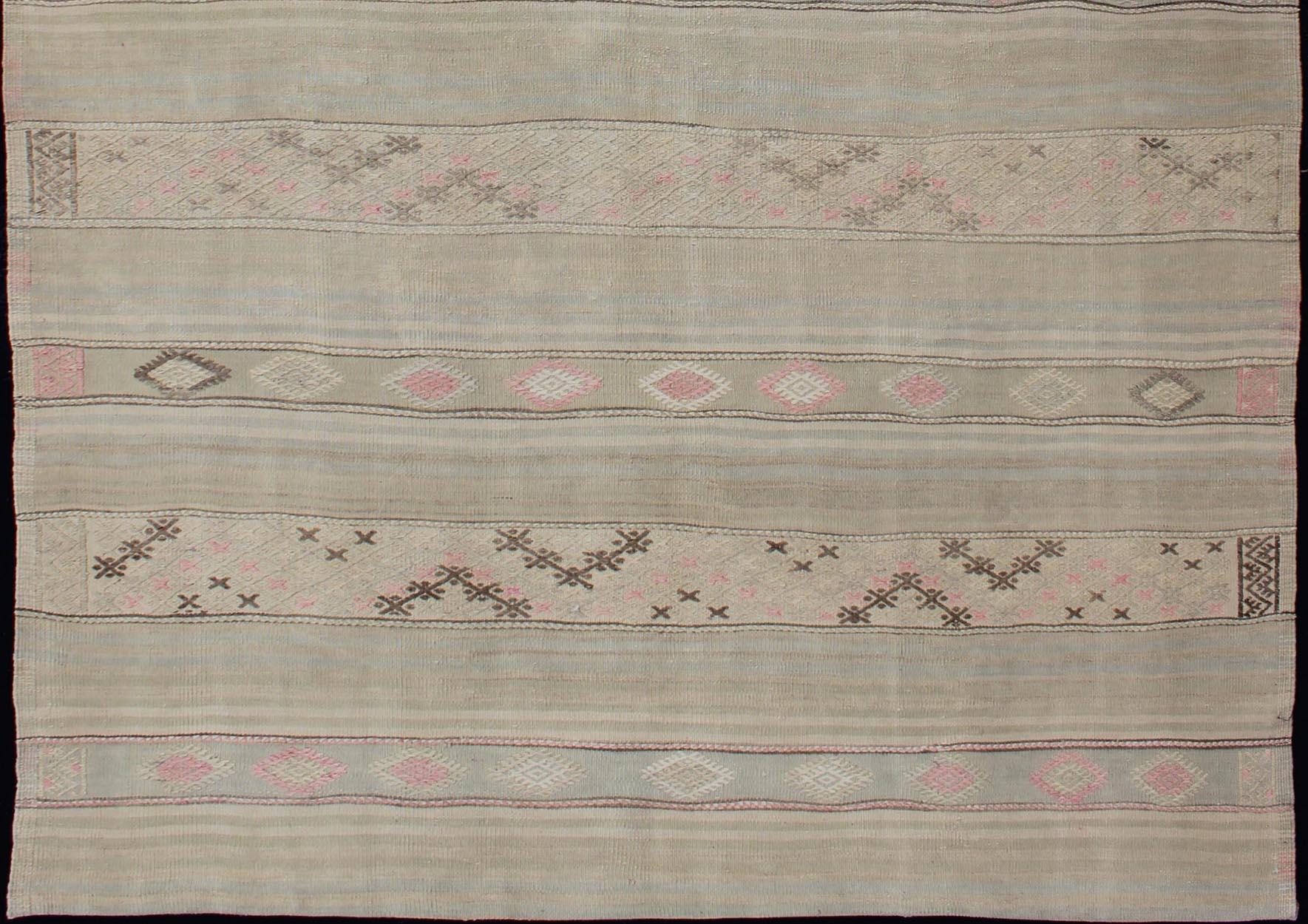 Hand-Woven Vintage Turkish Flat-Weave Striped Kilim in Taupe, Pink, and Light Brown For Sale