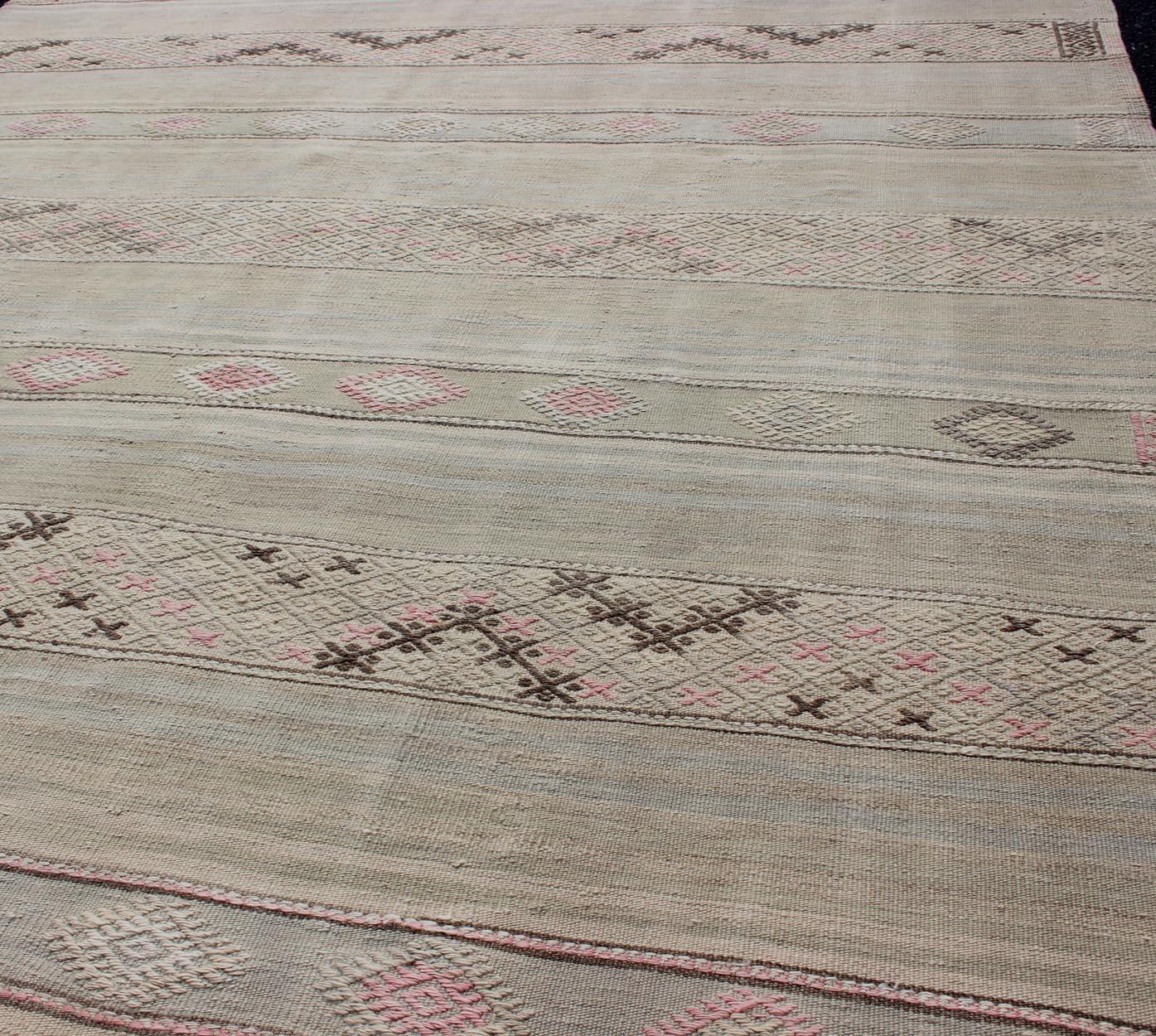 20th Century Vintage Turkish Flat-Weave Striped Kilim in Taupe, Pink, and Light Brown For Sale