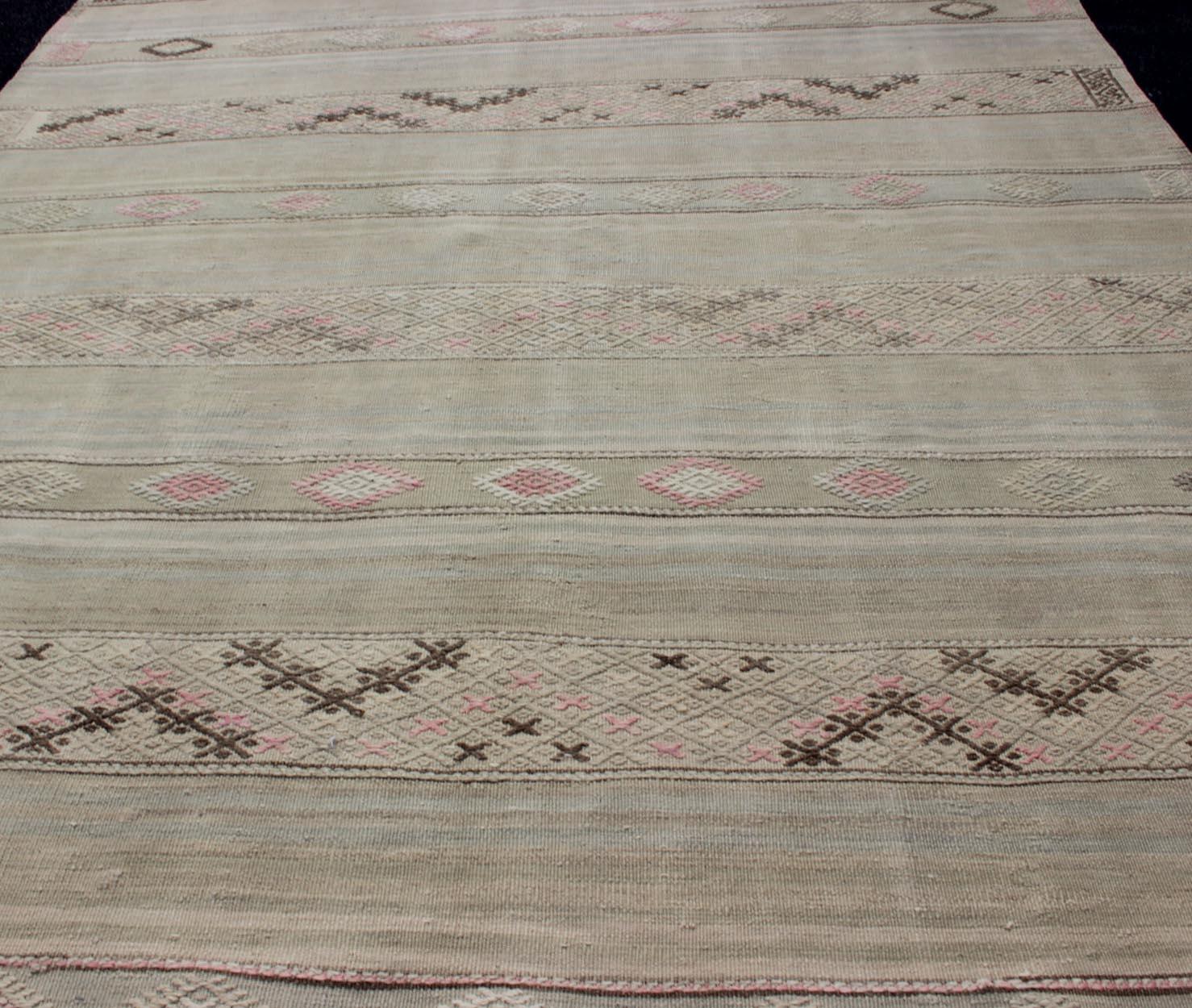 Wool Vintage Turkish Flat-Weave Striped Kilim in Taupe, Pink, and Light Brown For Sale