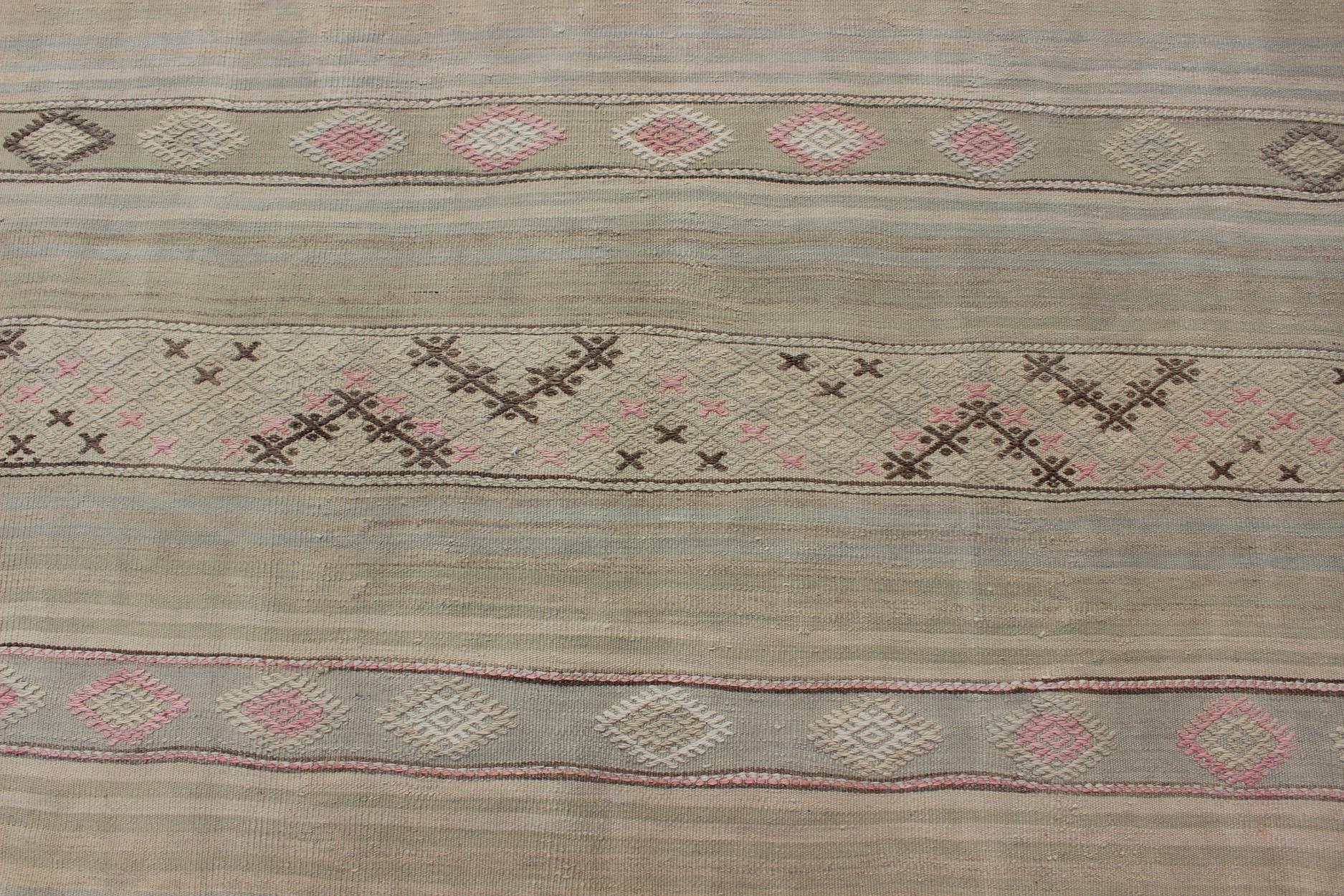 Vintage Turkish Flat-Weave Striped Kilim in Taupe, Pink, and Light Brown For Sale 2