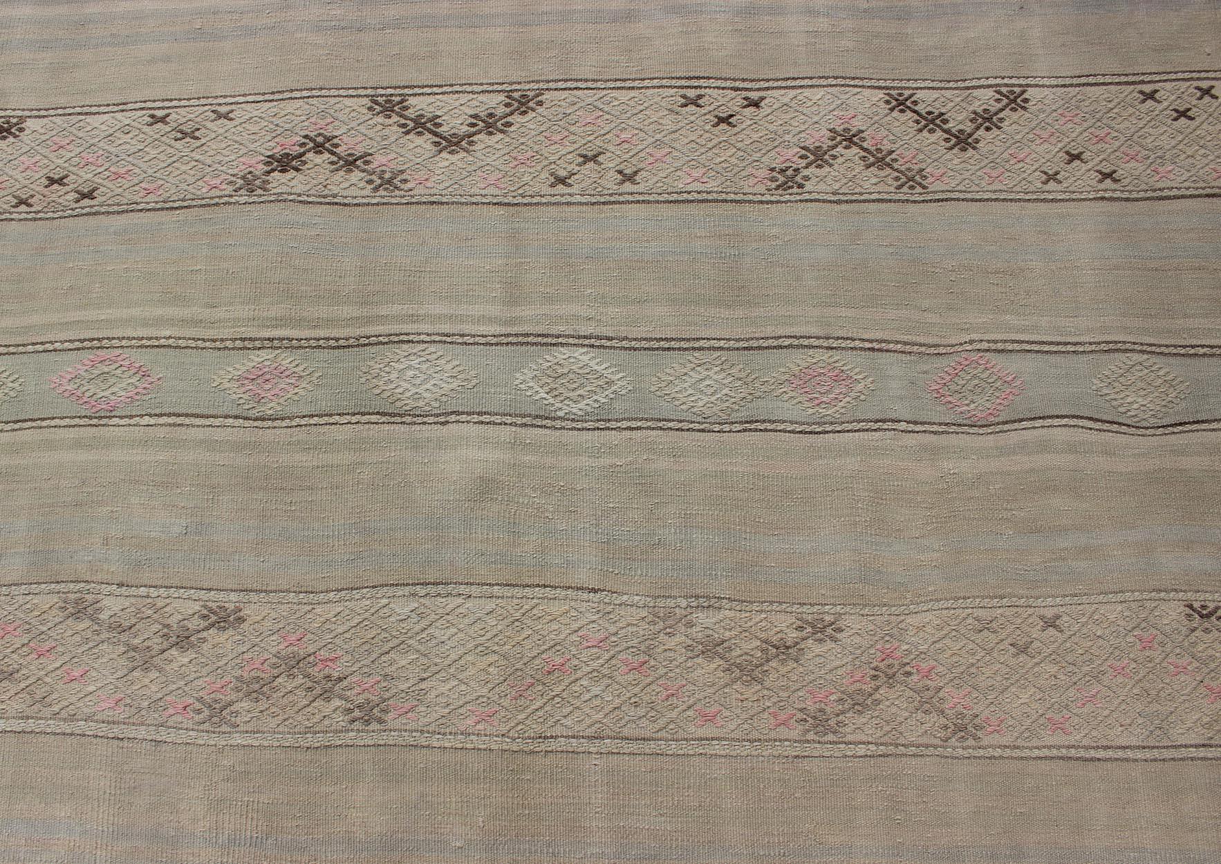 Vintage Turkish Flat-Weave Striped Kilim in Taupe, Pink, and Light Brown For Sale 3