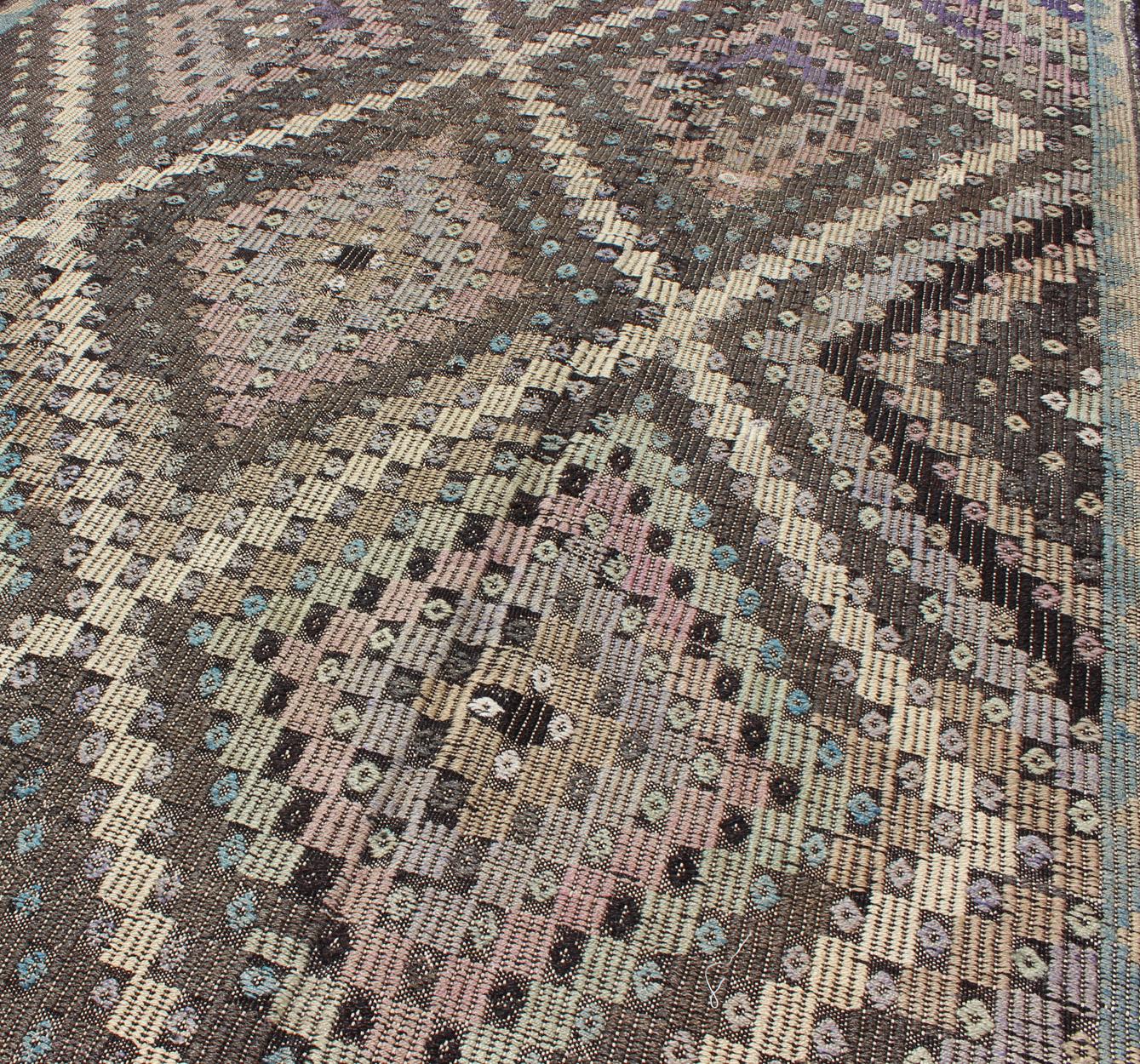 Vintage Turkish Flat Weave with Diamond Design in Gray, Black, Lavender & Green  For Sale 3