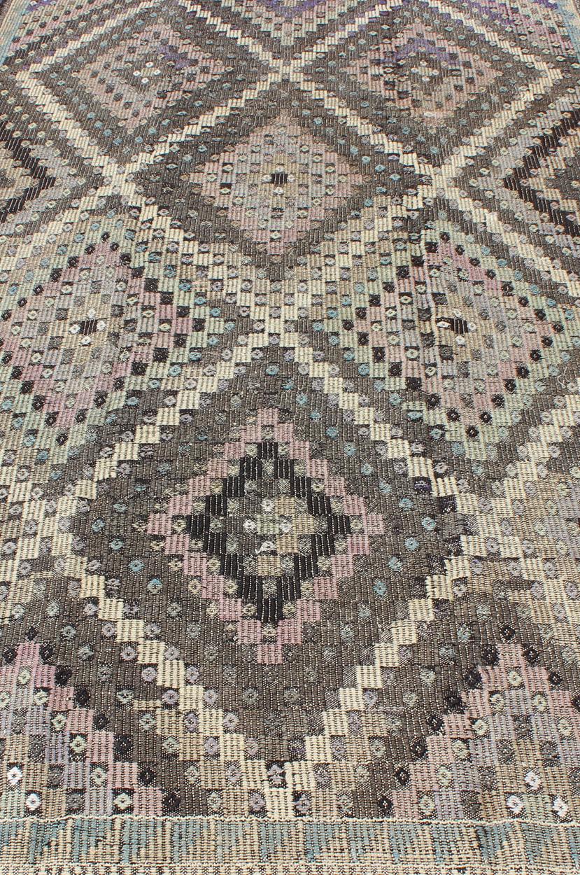 Vintage Turkish Flat Weave with Diamond Design in Gray, Black, Lavender & Green  For Sale 4