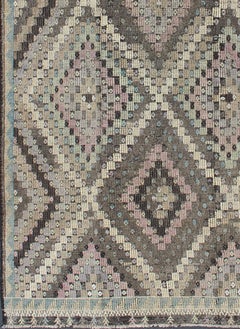 Vintage Turkish Kilim Rug with Diamond Lattice Pattern in Charcoal and Lavender