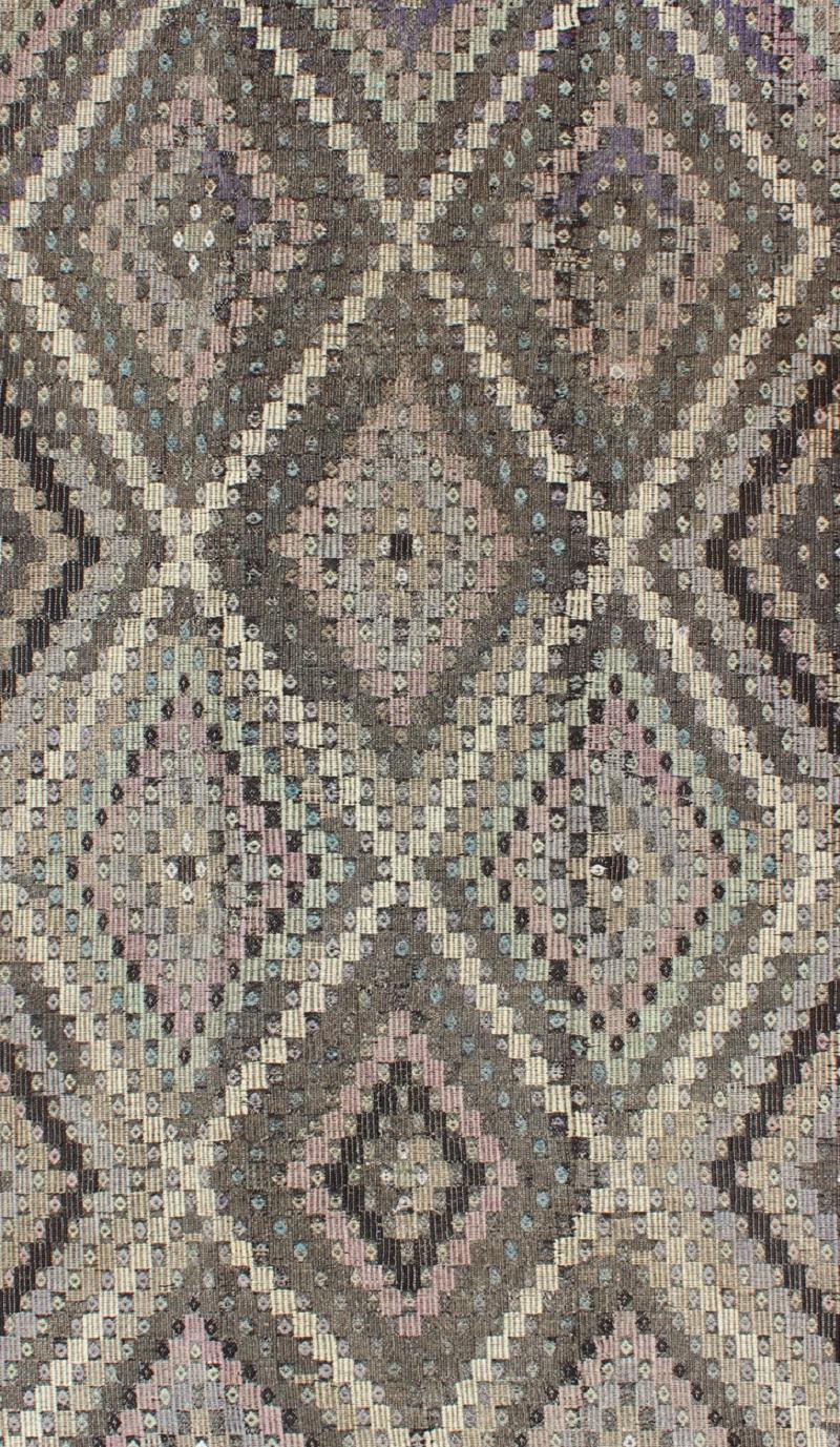 Tribal Vintage Turkish Flat Weave with Diamond Design in Gray, Black, Lavender & Green  For Sale