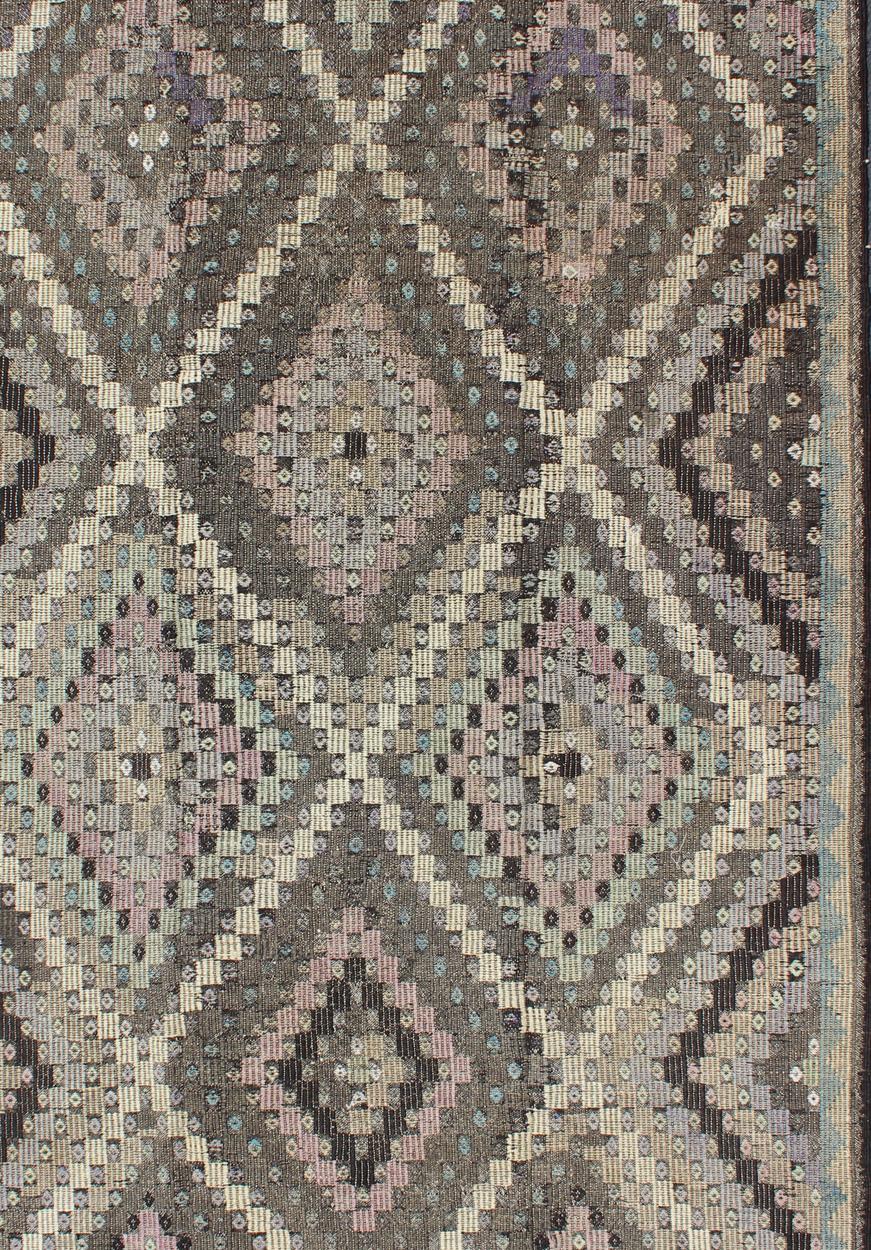 Hand-Woven Vintage Turkish Flat Weave with Diamond Design in Gray, Black, Lavender & Green  For Sale
