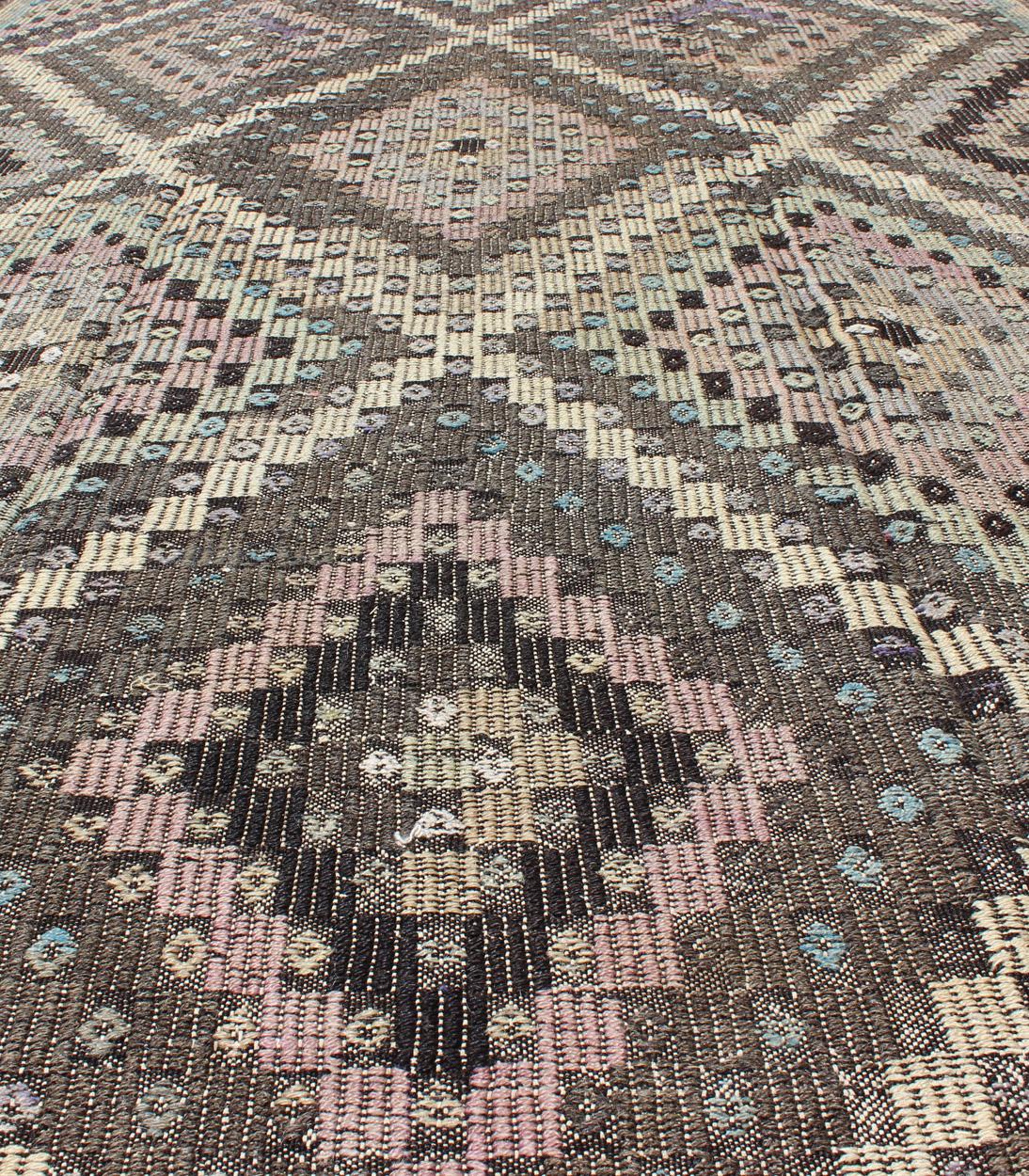 Mid-20th Century Vintage Turkish Flat Weave with Diamond Design in Gray, Black, Lavender & Green  For Sale