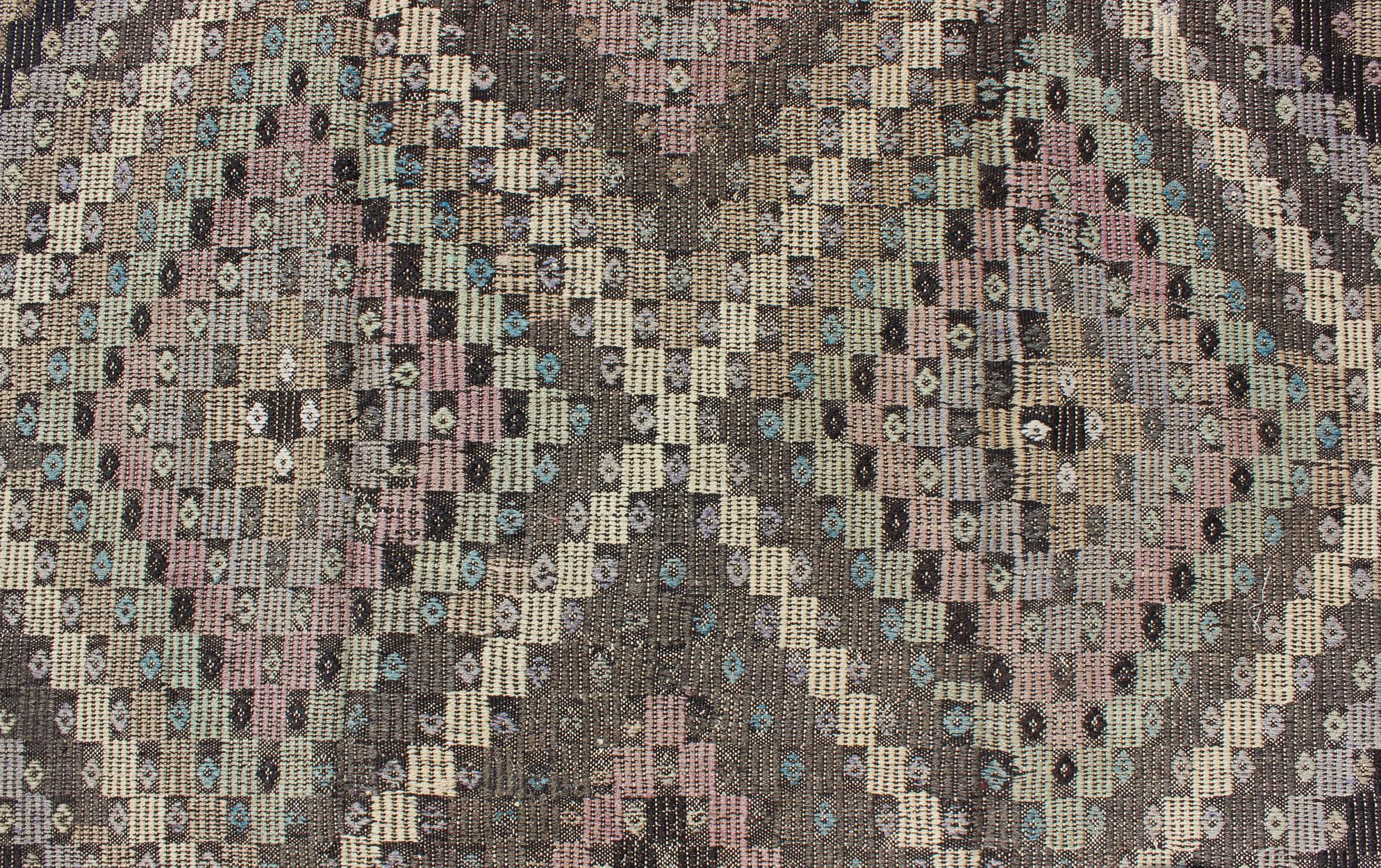 Wool Vintage Turkish Flat Weave with Diamond Design in Gray, Black, Lavender & Green  For Sale