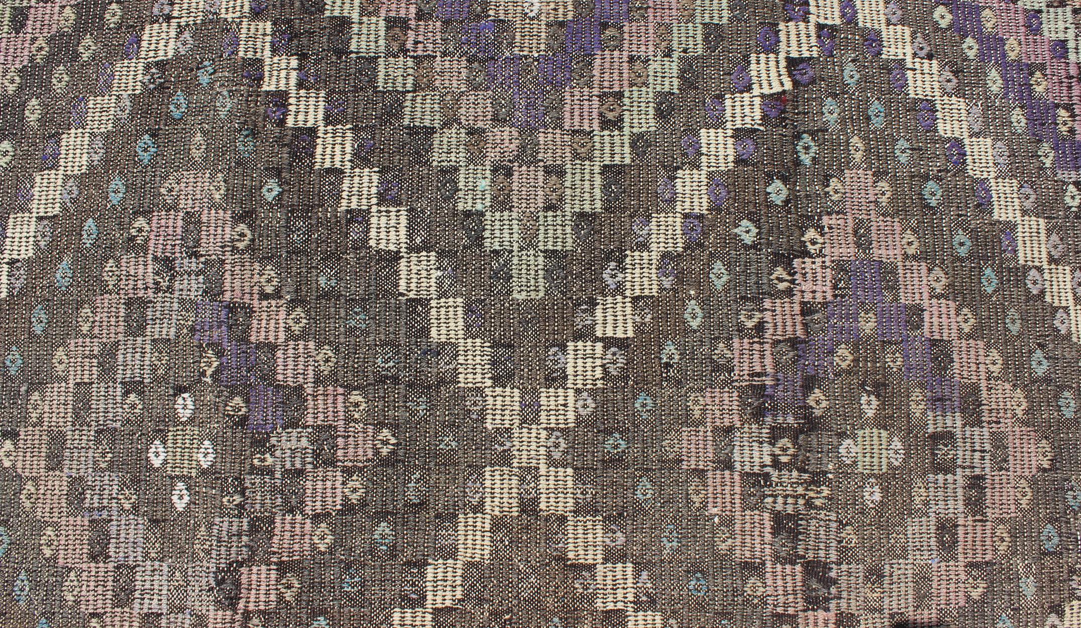 Vintage Turkish Flat Weave with Diamond Design in Gray, Black, Lavender & Green  For Sale 1
