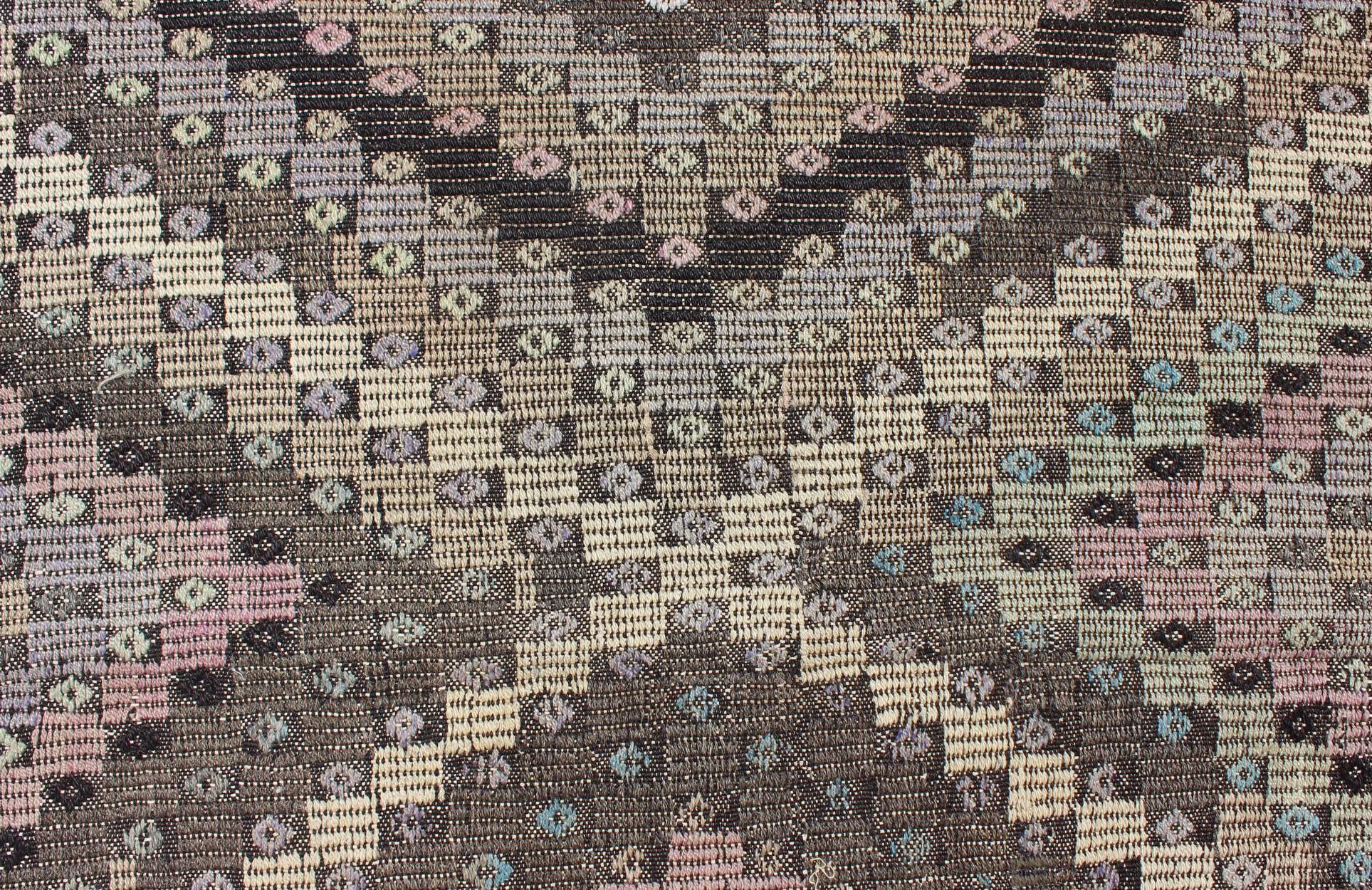 Vintage Turkish Flat Weave with Diamond Design in Gray, Black, Lavender & Green  For Sale 2