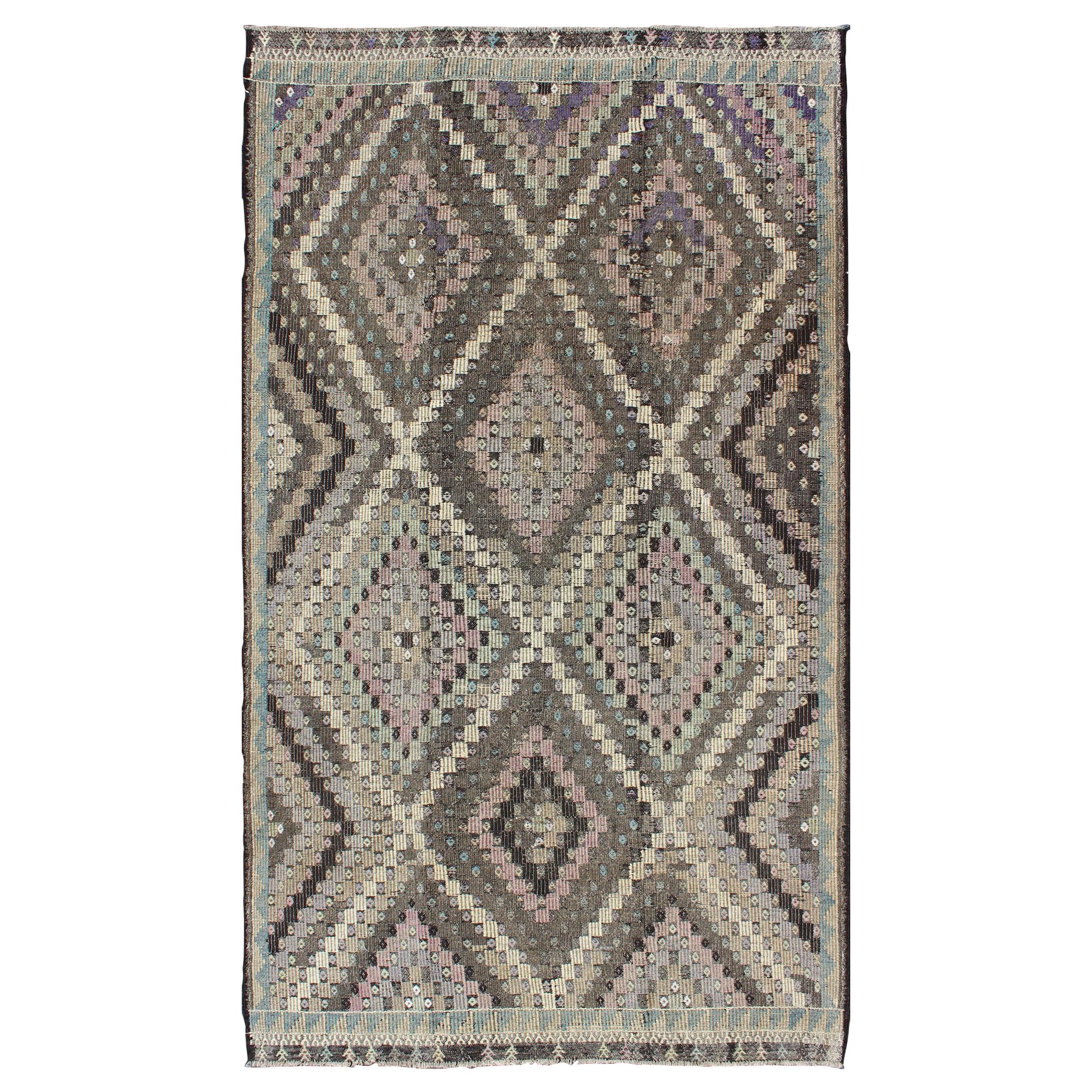 Vintage Turkish Flat Weave with Diamond Design in Gray, Black, Lavender & Green  For Sale