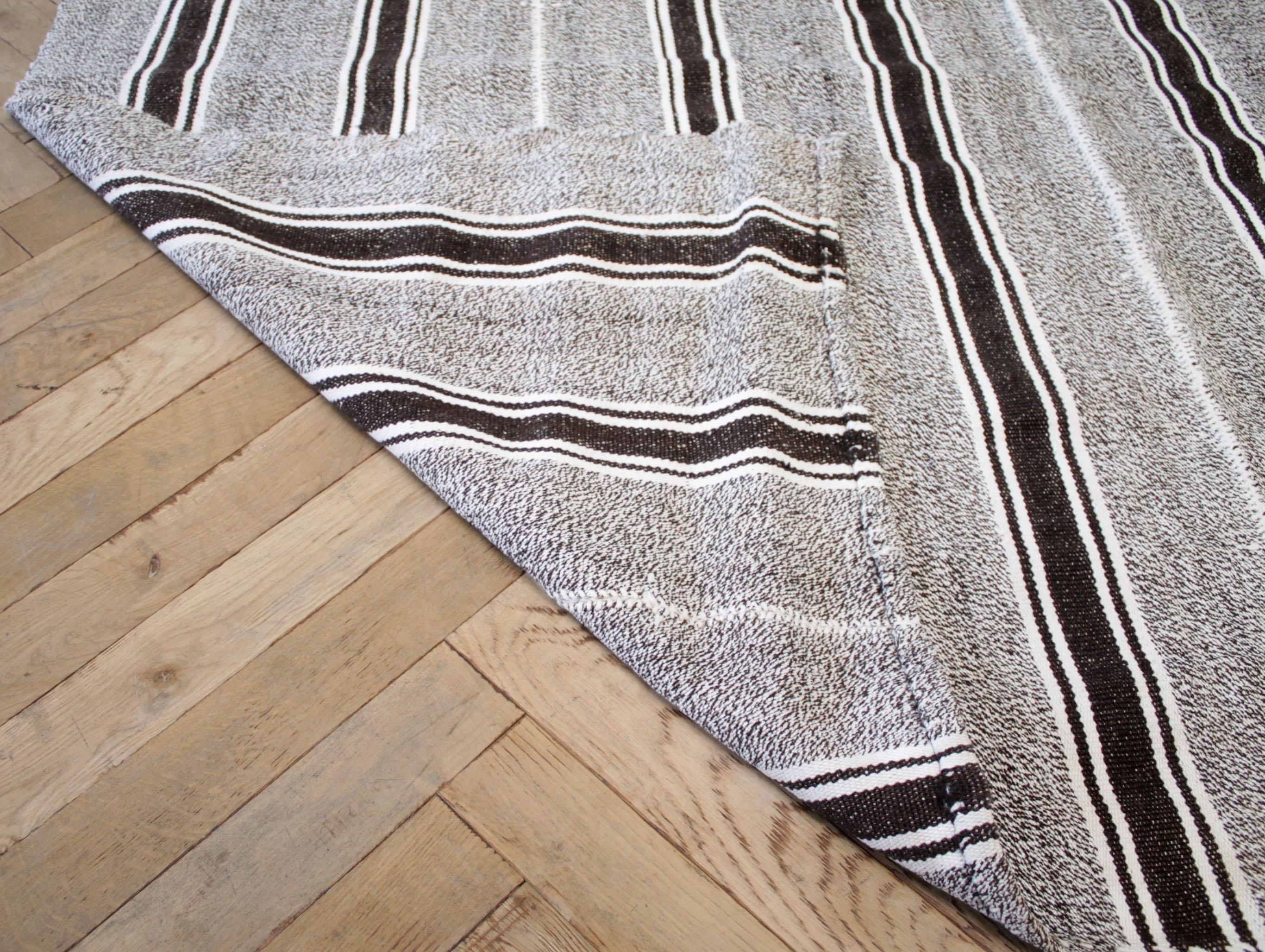 Minimalist Vintage Turkish Flat-Weave Wool Rug in Brown and Creamy White Stripes For Sale