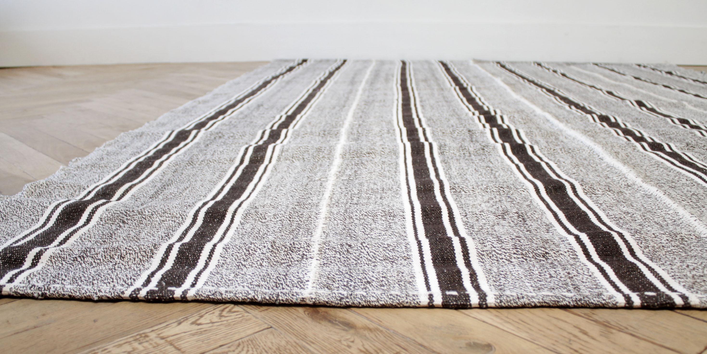 Vintage Turkish Flat-Weave Wool Rug in Brown and Creamy White Stripes In Good Condition For Sale In Brea, CA