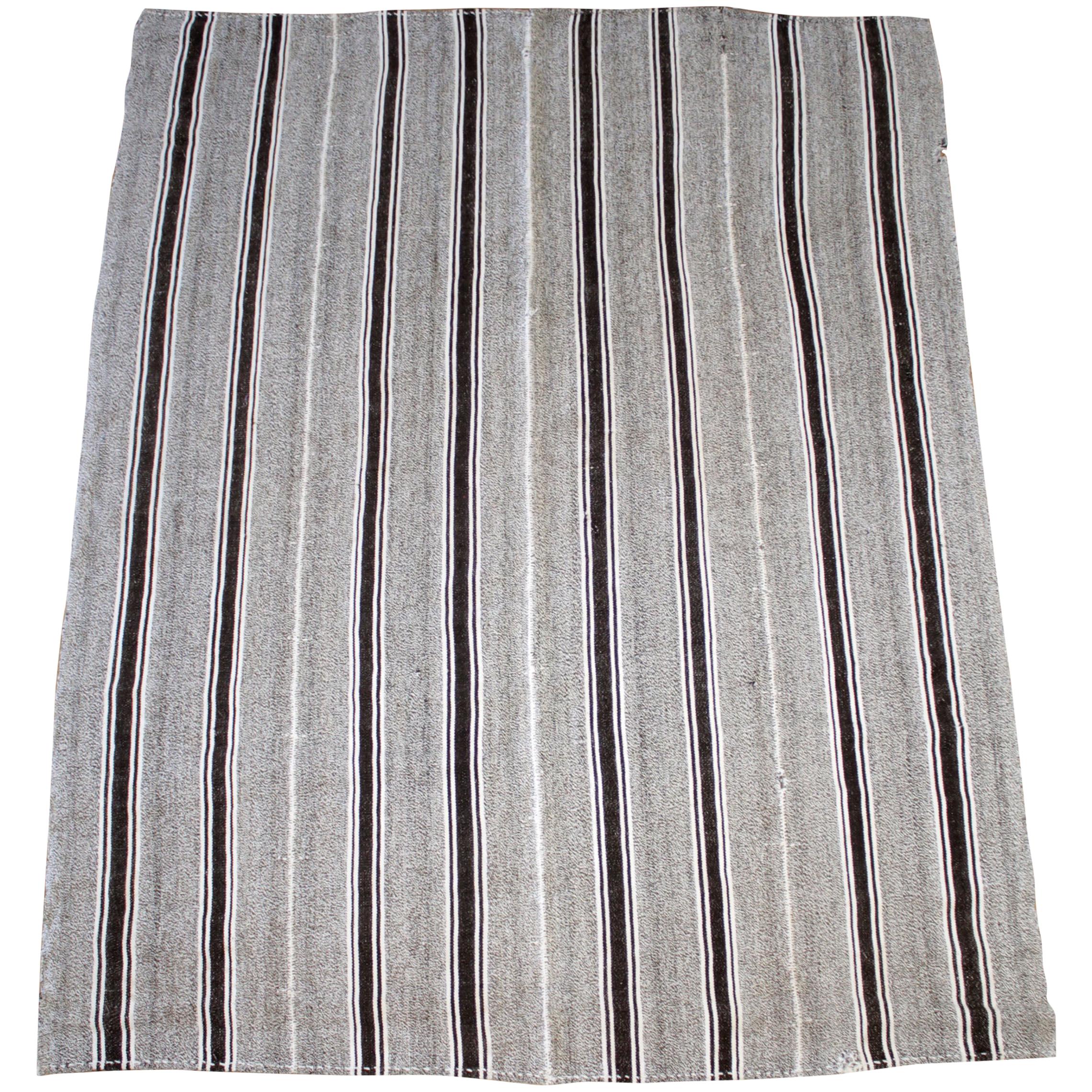 Vintage Turkish Flat-Weave Wool Rug in Brown and Creamy White Stripes