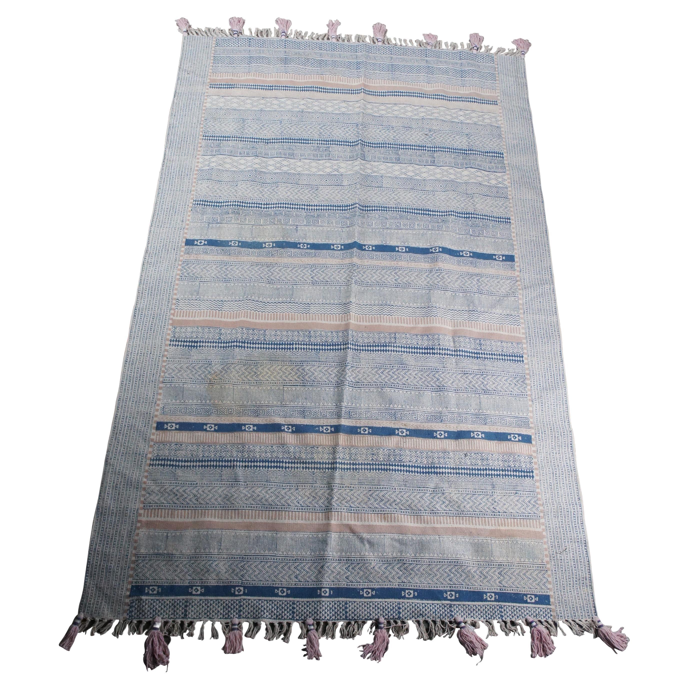 Vintage Turkish Flat Woven Modern Kilim Blue Area Rug Carpet Boho Chic For Sale