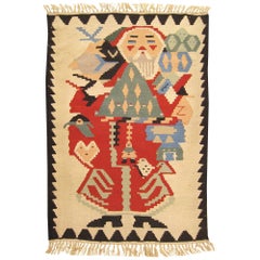 Vintage Turkish Flat-Woven Rug, Small Size, with Baba Noel 'Santa Claus' Design
