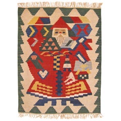 Vintage Turkish Flat-Woven Kilim Oriental small Rug with Baba Noel ‘Santa Claus’ Design
