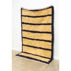 Vintage Turkish Floor Rug in Beige and Black Striped Shaggy Wool