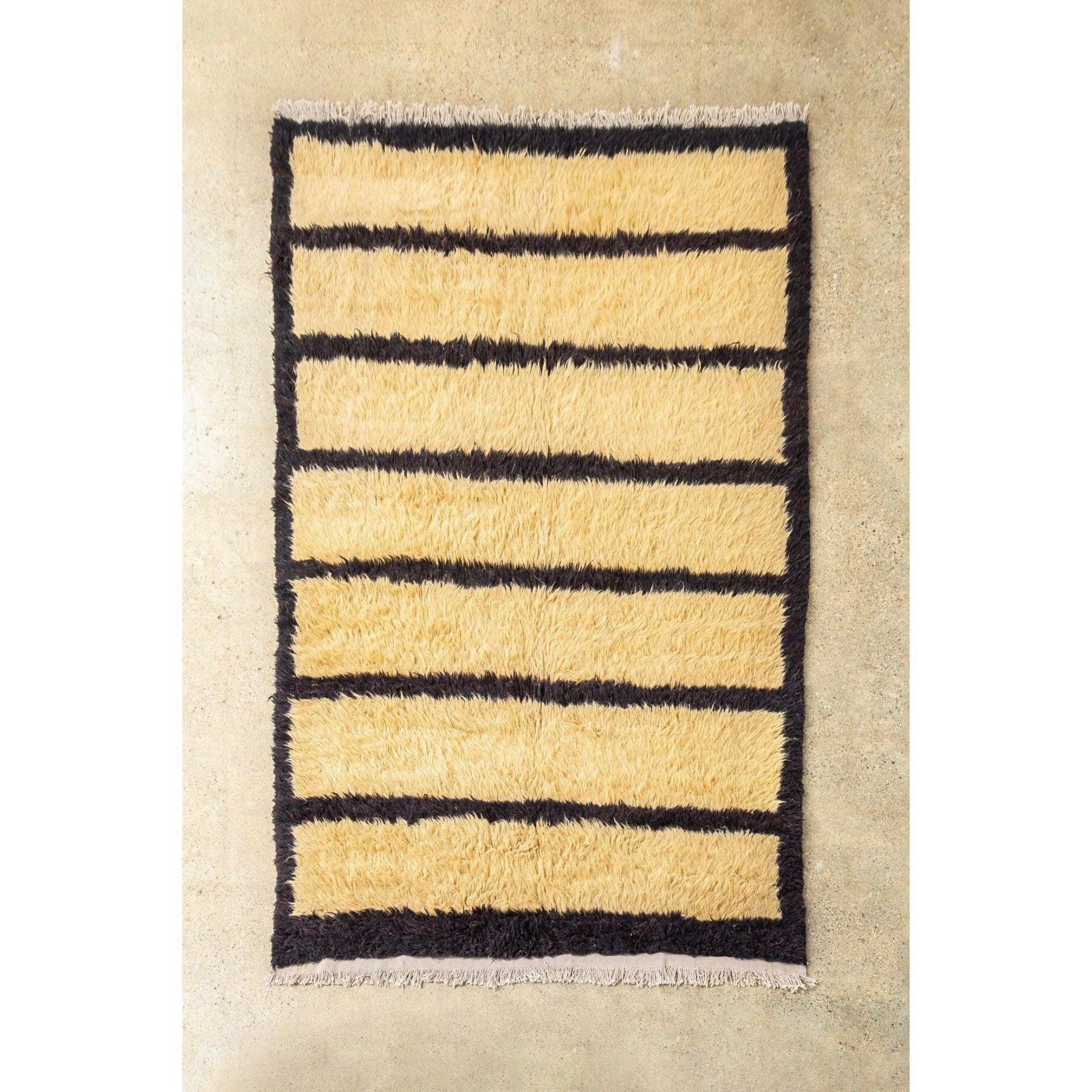 Minimalist Vintage Turkish Floor Rug in Beige and Black Striped Shaggy Wool For Sale