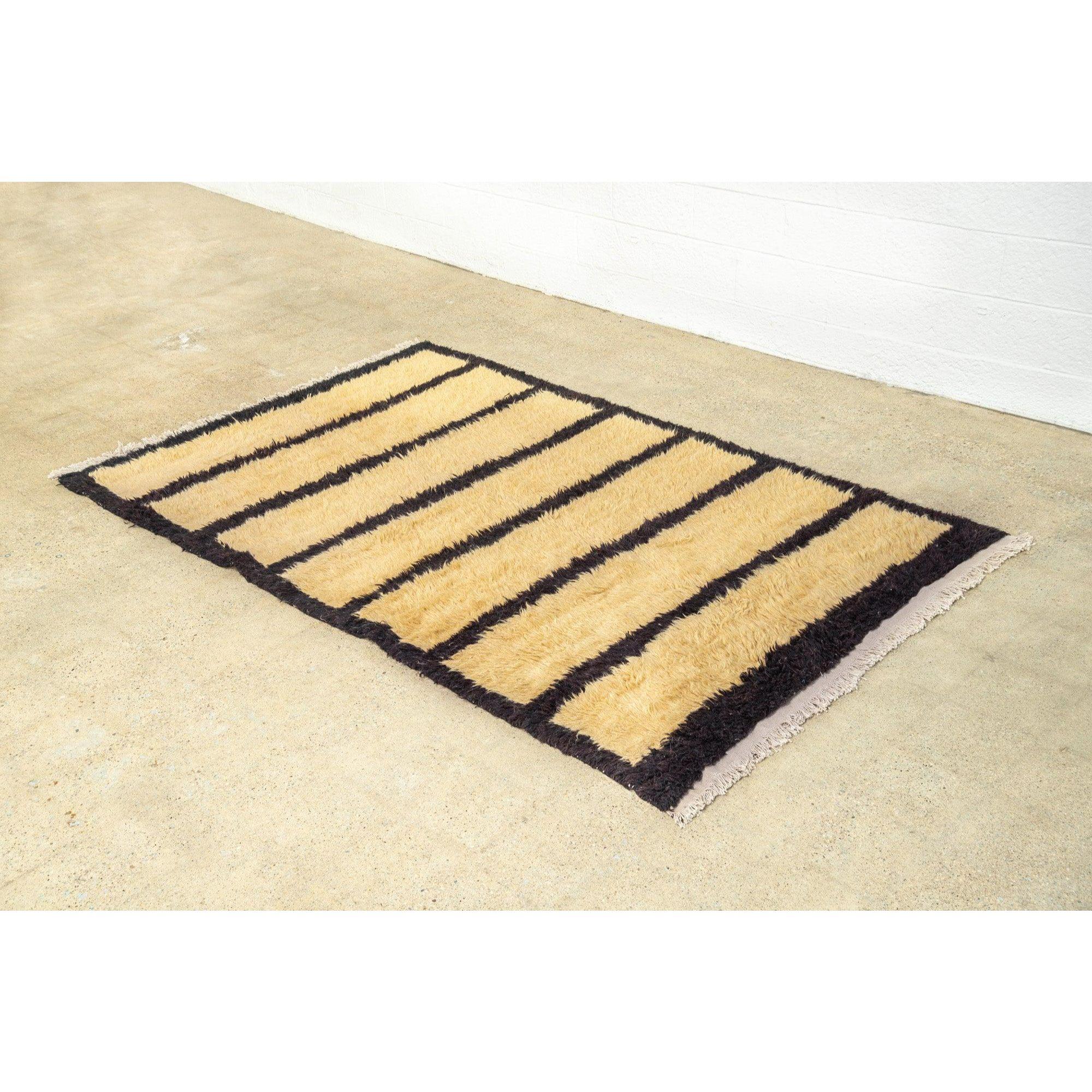 Vintage Turkish Floor Rug in Beige and Black Striped Shaggy Wool In Good Condition For Sale In Detroit, MI