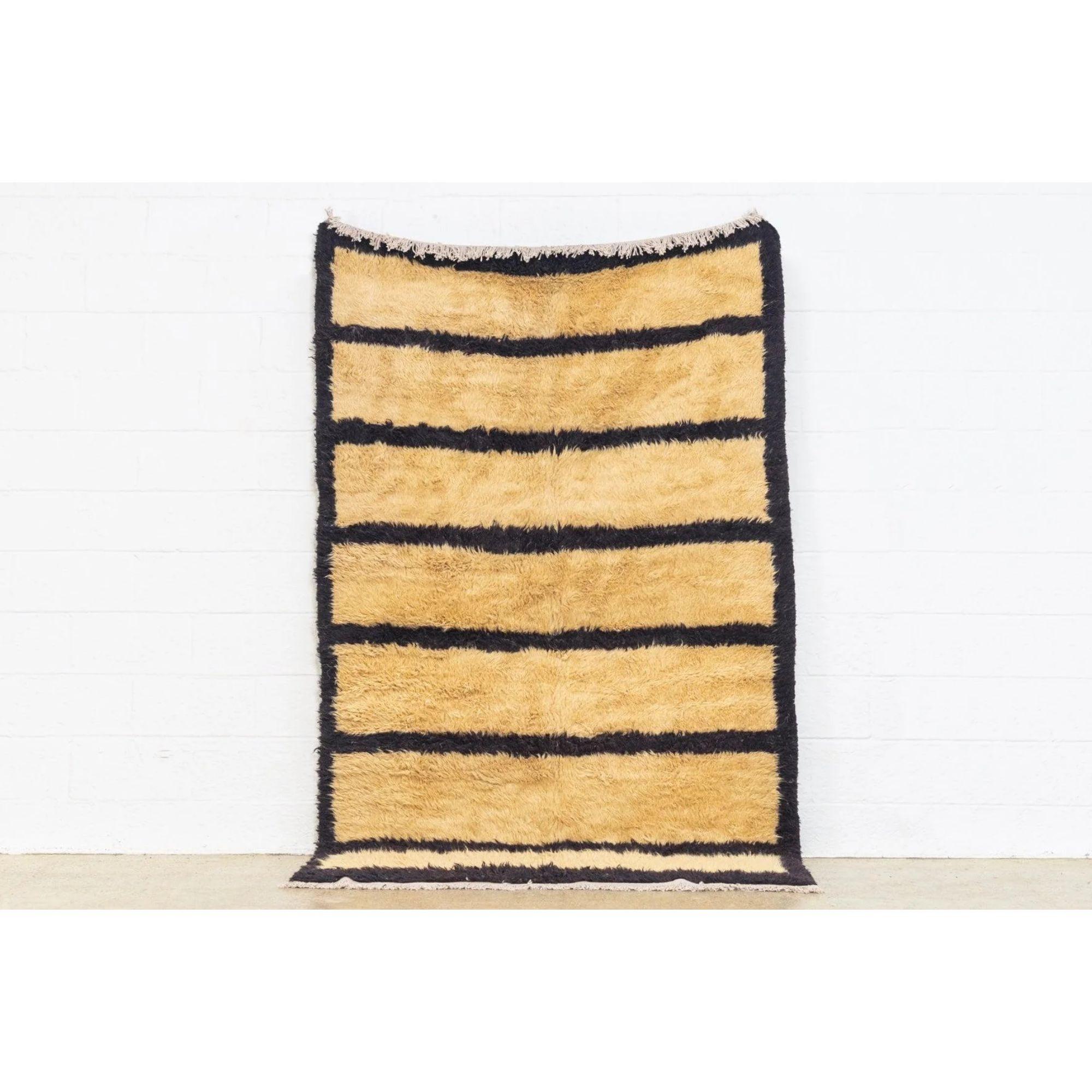 Vintage Turkish Floor Rug in Beige and Black Striped Shaggy Wool In Good Condition For Sale In Detroit, MI