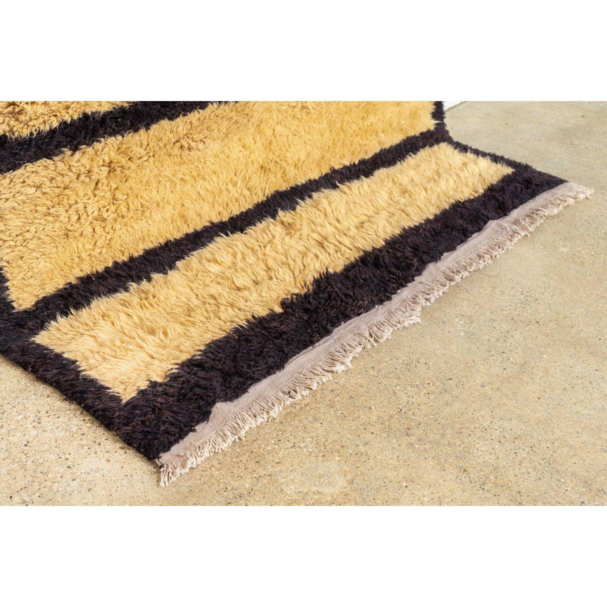 Cotton Vintage Turkish Floor Rug in Beige and Black Striped Shaggy Wool For Sale