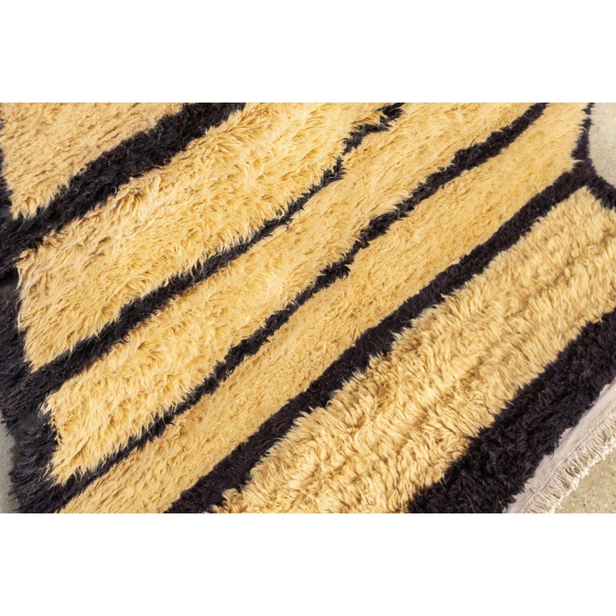 Vintage Turkish Floor Rug in Beige and Black Striped Shaggy Wool For Sale 1