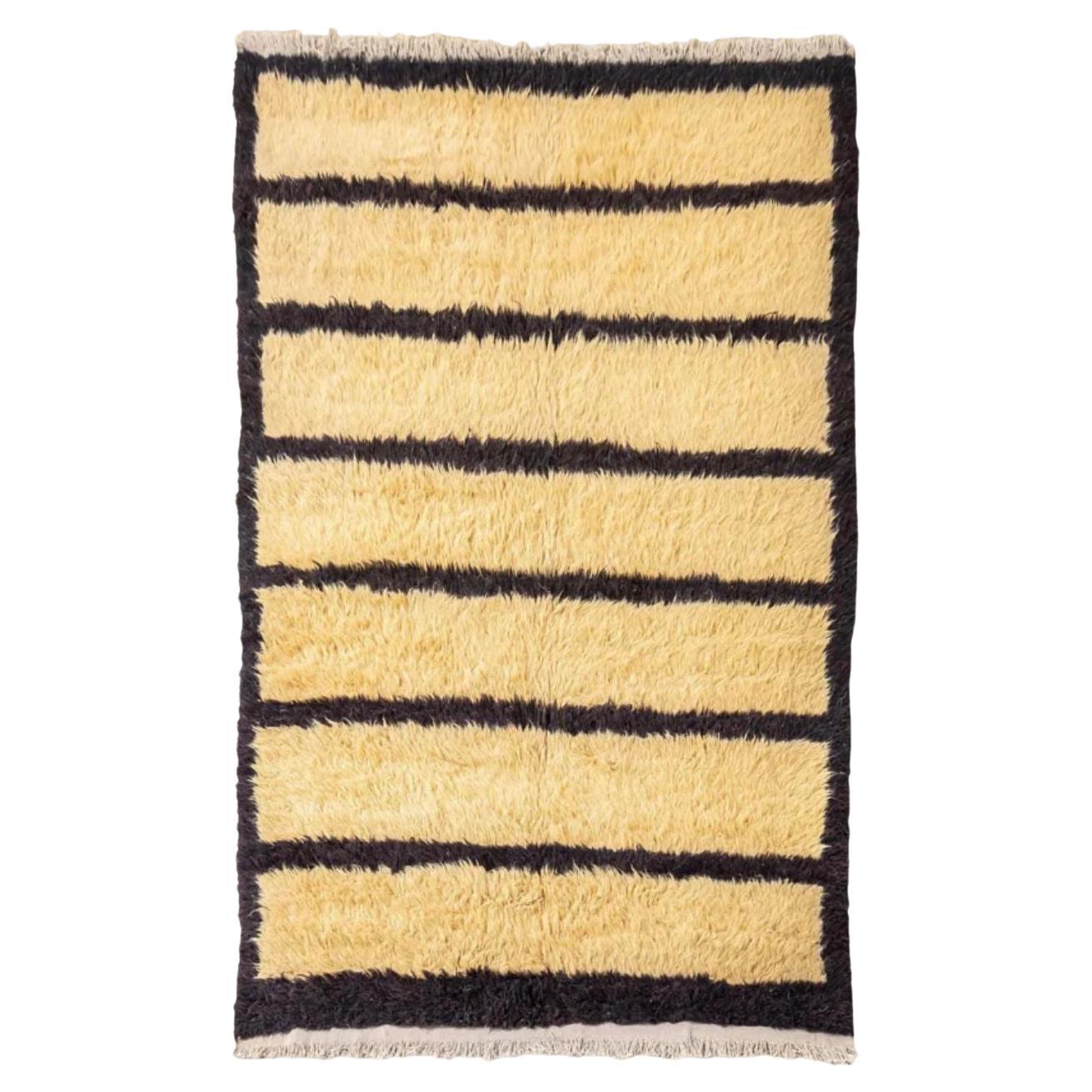 Vintage Turkish Floor Rug in Beige and Black Striped Shaggy Wool For Sale