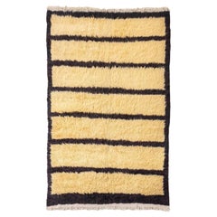Vintage Turkish Floor Rug in Beige and Black Striped Shaggy Wool