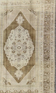 Vintage Turkish Oushak in Green/Brown Background, Taupe, Neutrals & Brown Broder