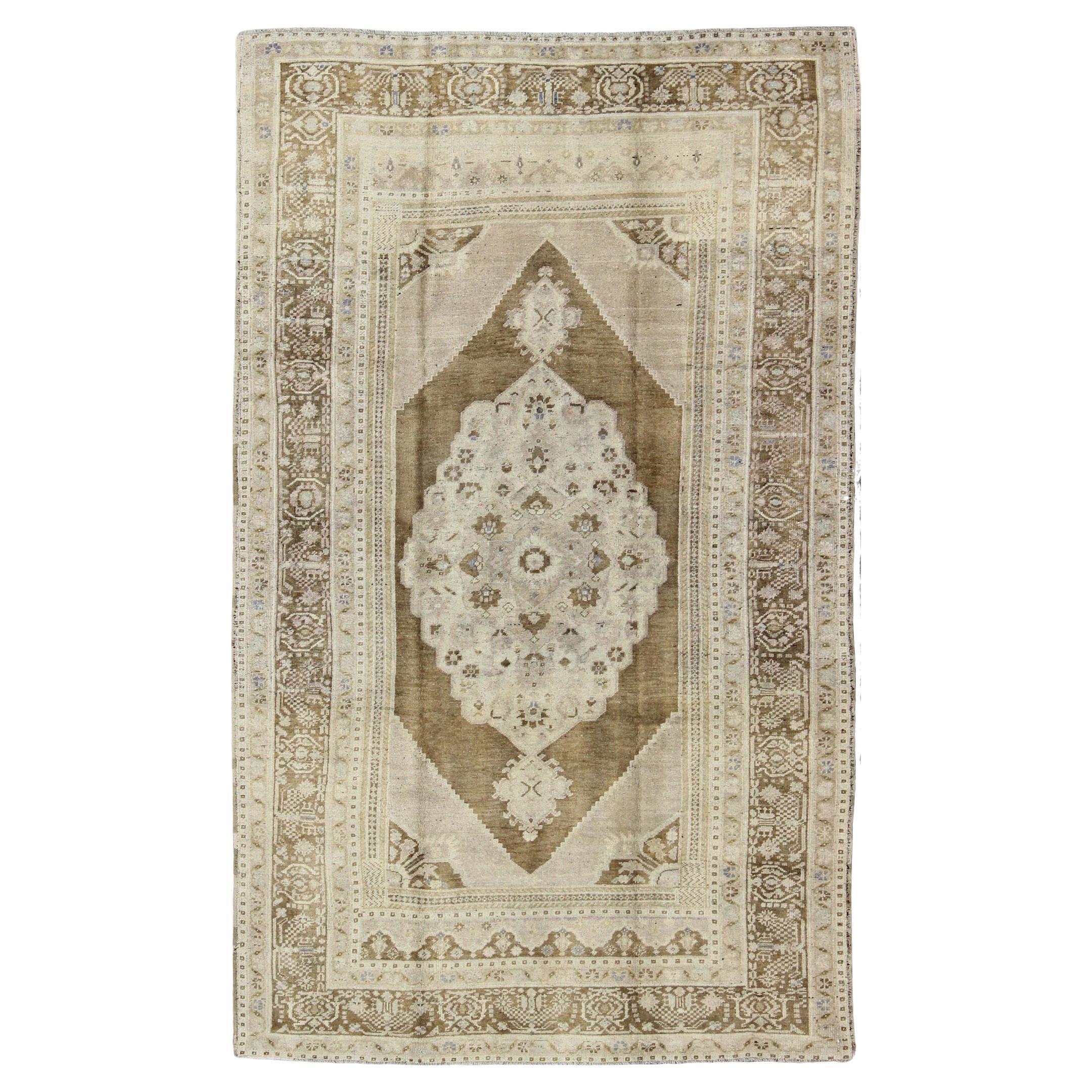 Vintage Turkish Floral Medallion Oushak Rug in Khaki and Brown Tones