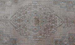 Vintage Turkish Floral Medallion Oushak Rug in Light Brown and Light Blue