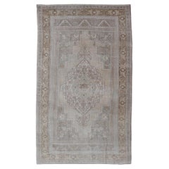 Vintage Turkish Floral Medallion Oushak Rug in Light Brown and Light Blue