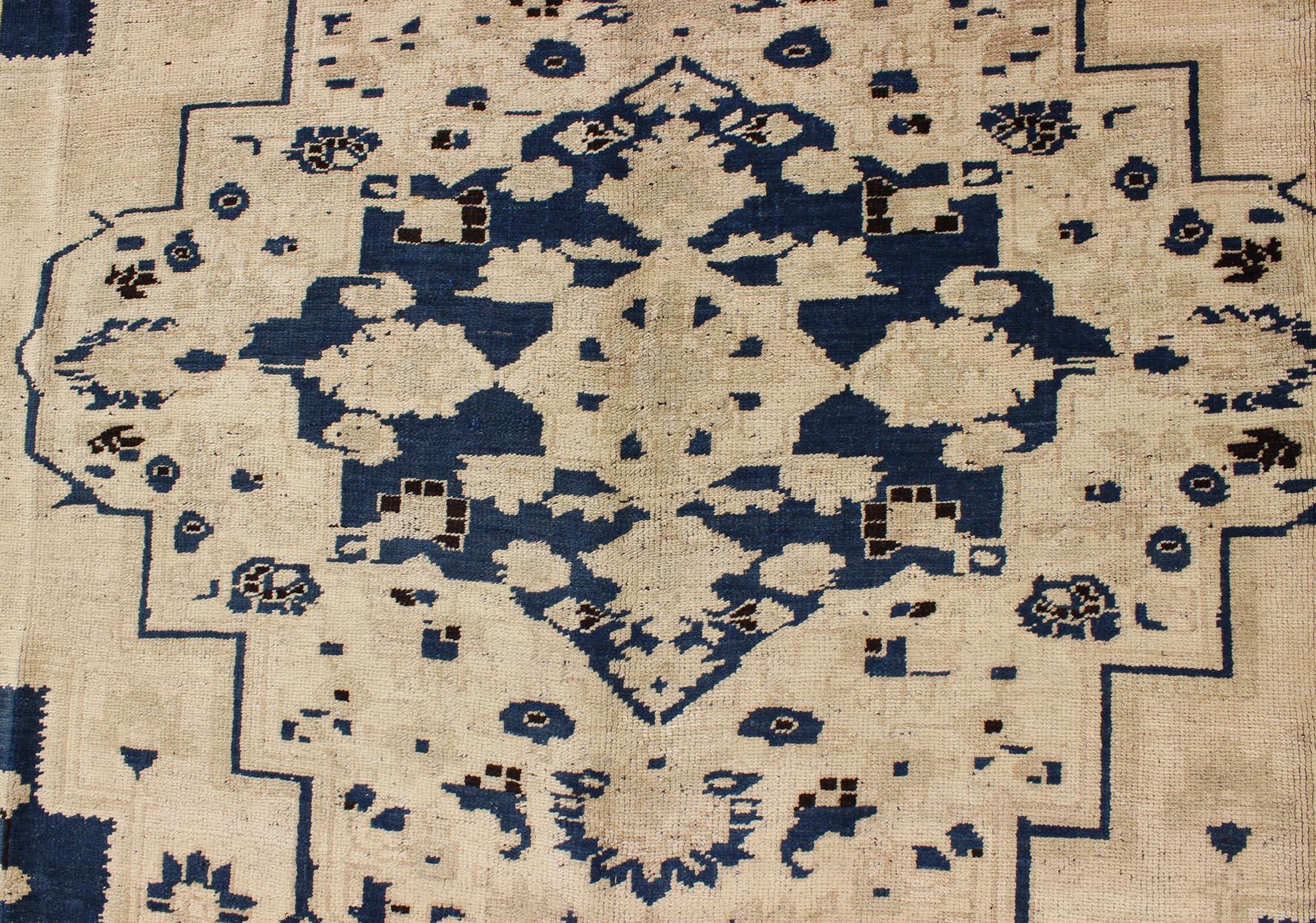 Hand-Knotted Vintage Turkish Medallion Oushak Rug in Navy Blue, D. Brown and Cream Tones For Sale