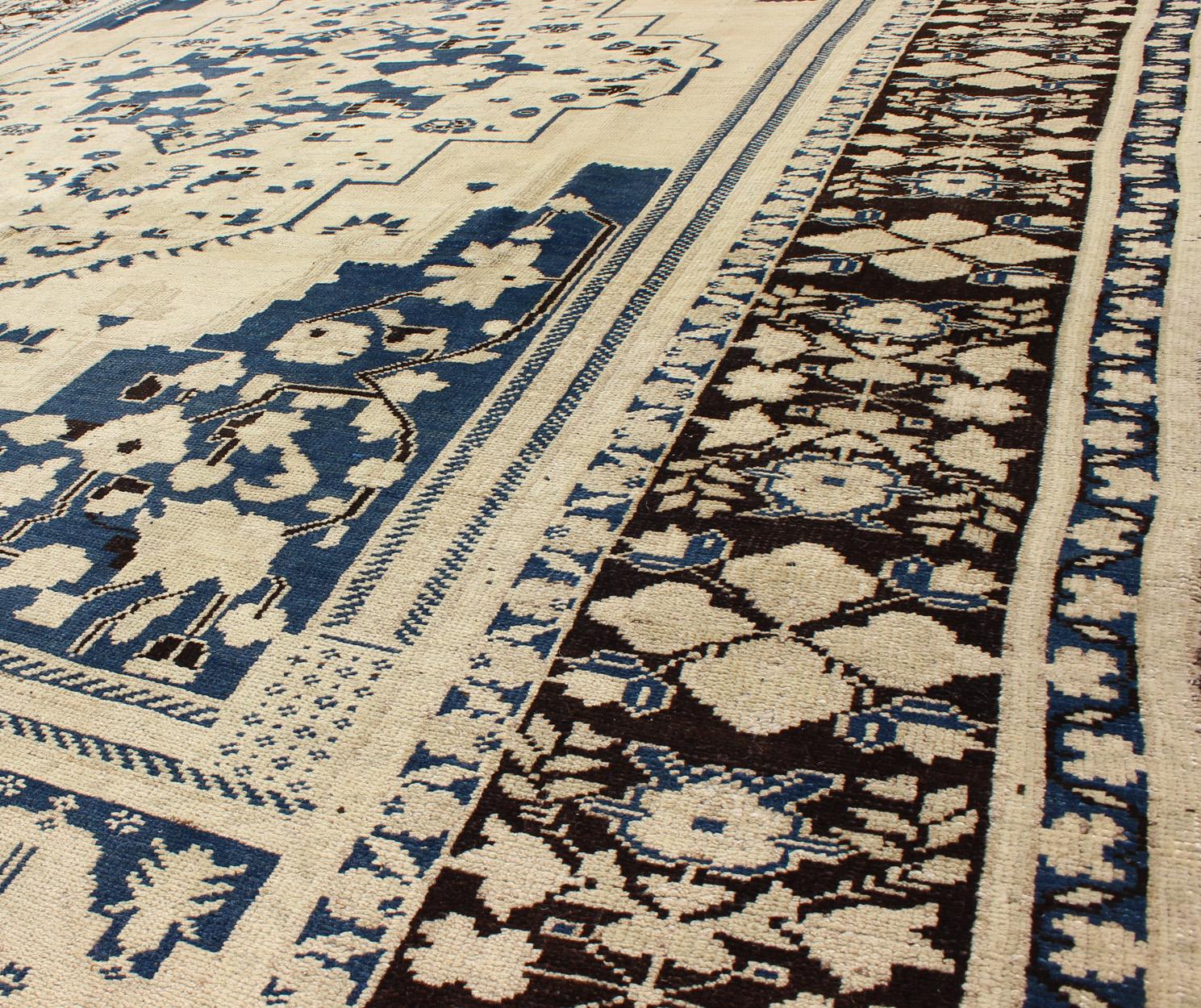 20th Century Vintage Turkish Medallion Oushak Rug in Navy Blue, D. Brown and Cream Tones For Sale