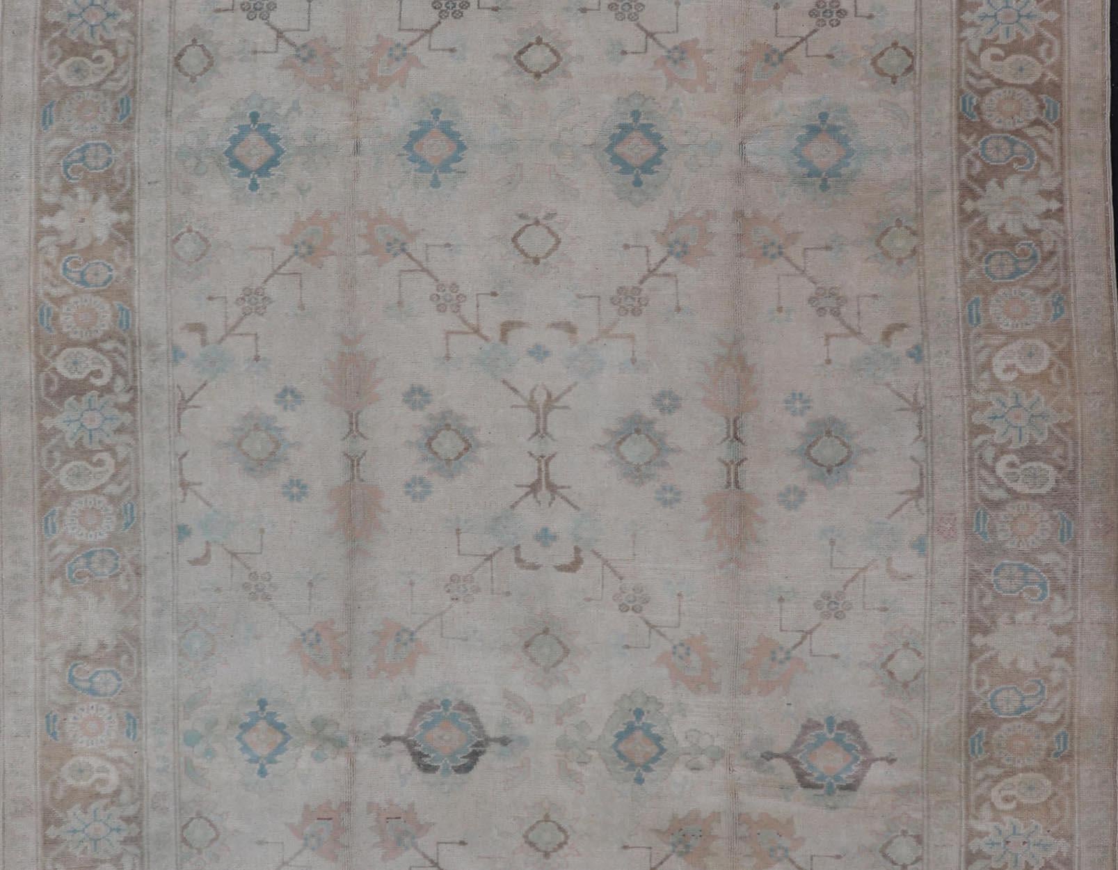 Vintage Turkish Floral Oushak Area Rug in Gray, Brown and Blue For Sale 4