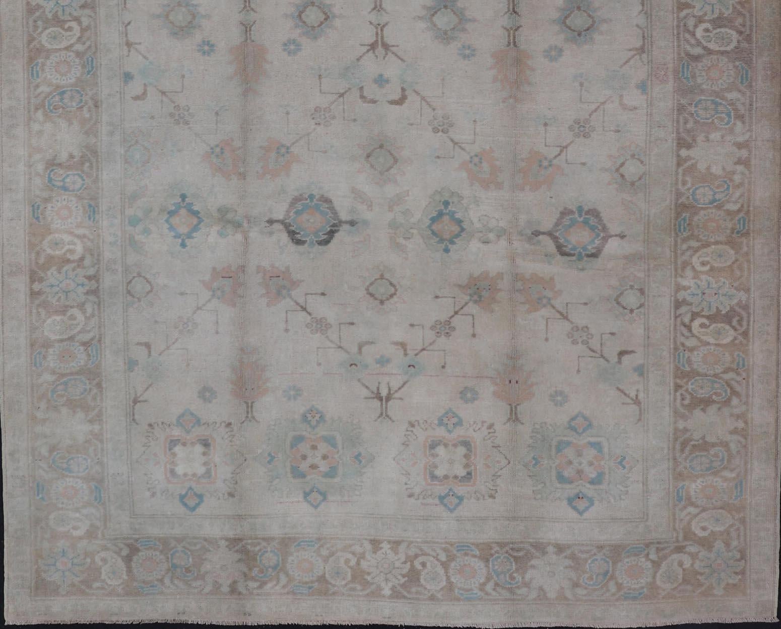 Vintage Turkish Floral Oushak Area Rug in Gray, Brown and Blue For Sale 5