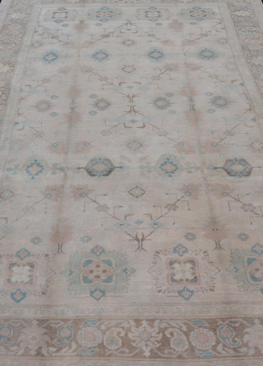 Wool Vintage Turkish Floral Oushak Area Rug in Gray, Brown and Blue For Sale