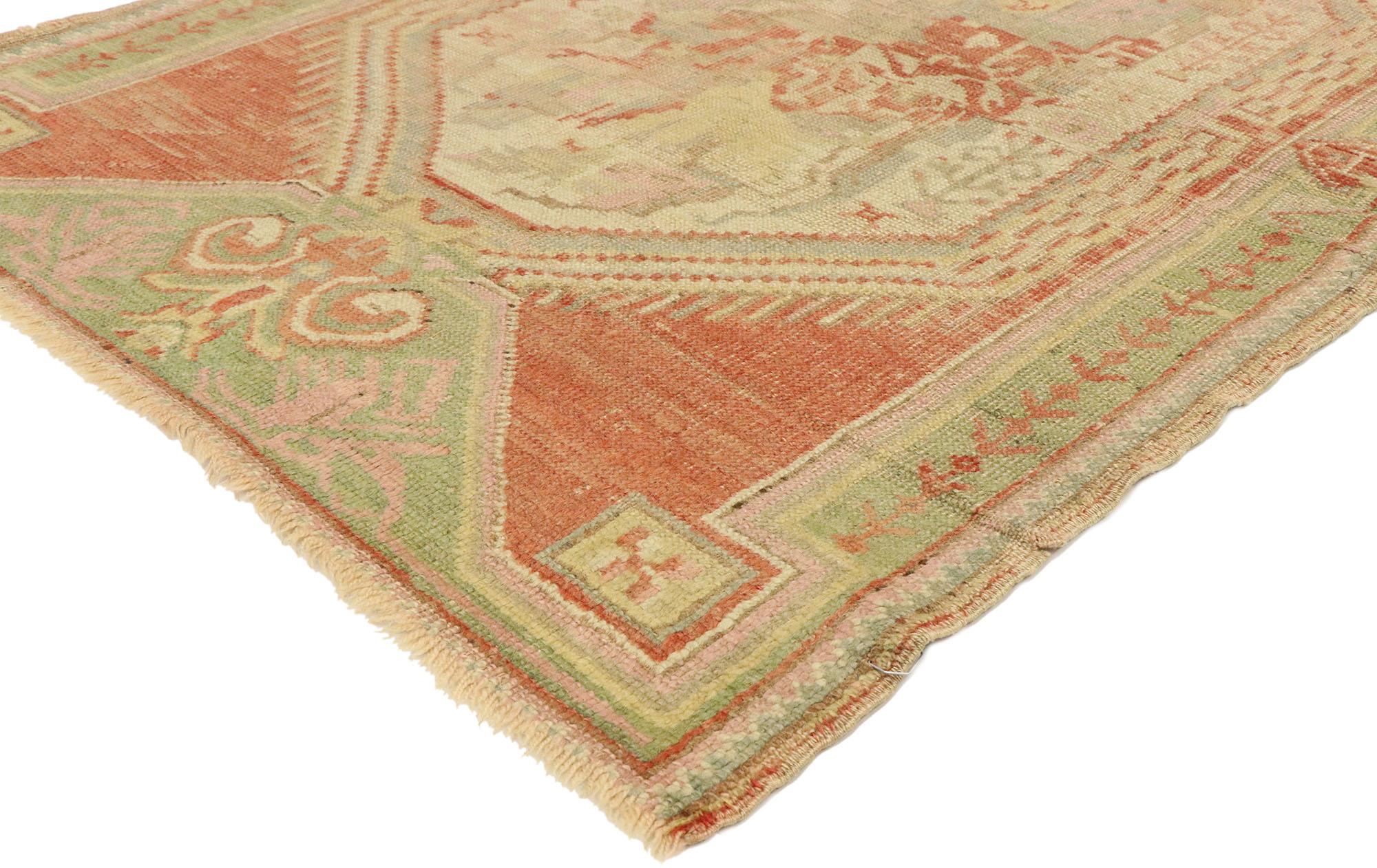 70925 Vintage Turkish Oushak Rug, 03'09 X 05'06. In this hand-knotted wool vintage Turkish Oushak rug, the fusion of captivating French Provincial and romantic boho chic creates an enchanting tale of style. Intricately crafted floral motifs evoke