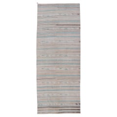 Vintage Turkish Gallery Kilim Rug in Beige, Soft Blue, and Taupe 4'10 x 13