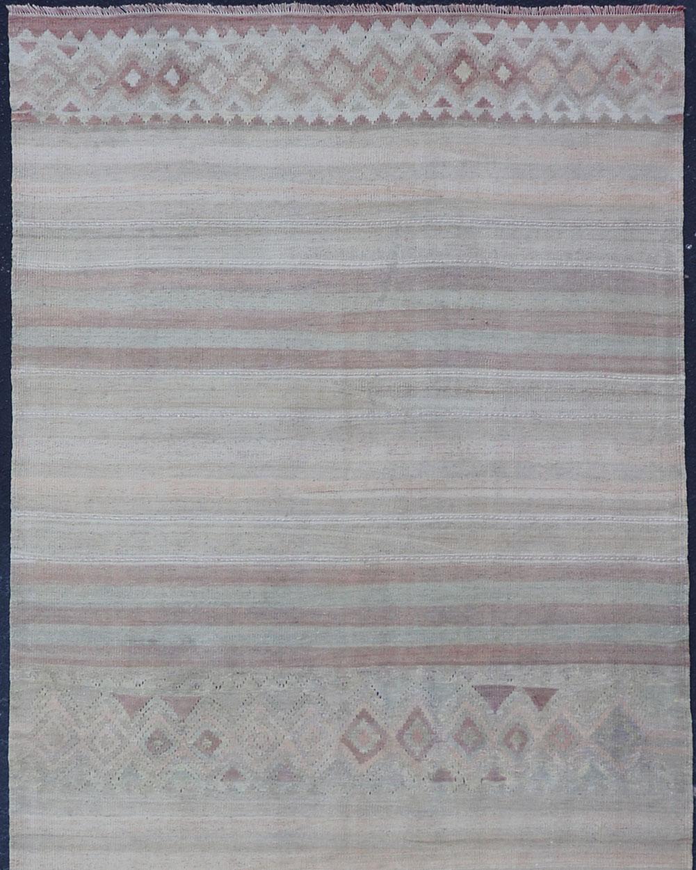 Hand-Knotted  Vintage Turkish Gallery Kilim Runner with Creams, Soft Coral and Light Brown For Sale