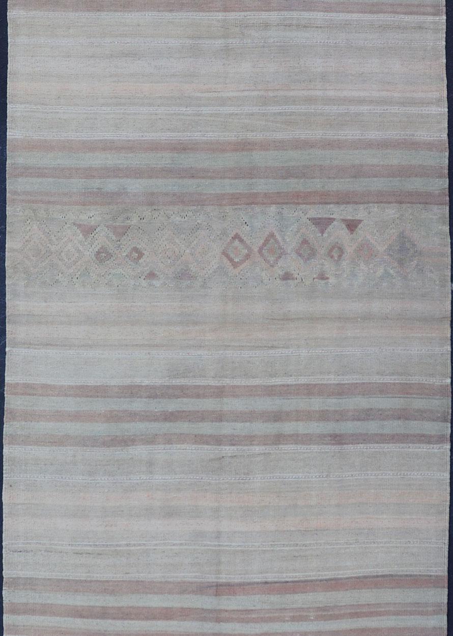  Vintage Turkish Gallery Kilim Runner with Creams, Soft Coral and Light Brown In Good Condition For Sale In Atlanta, GA