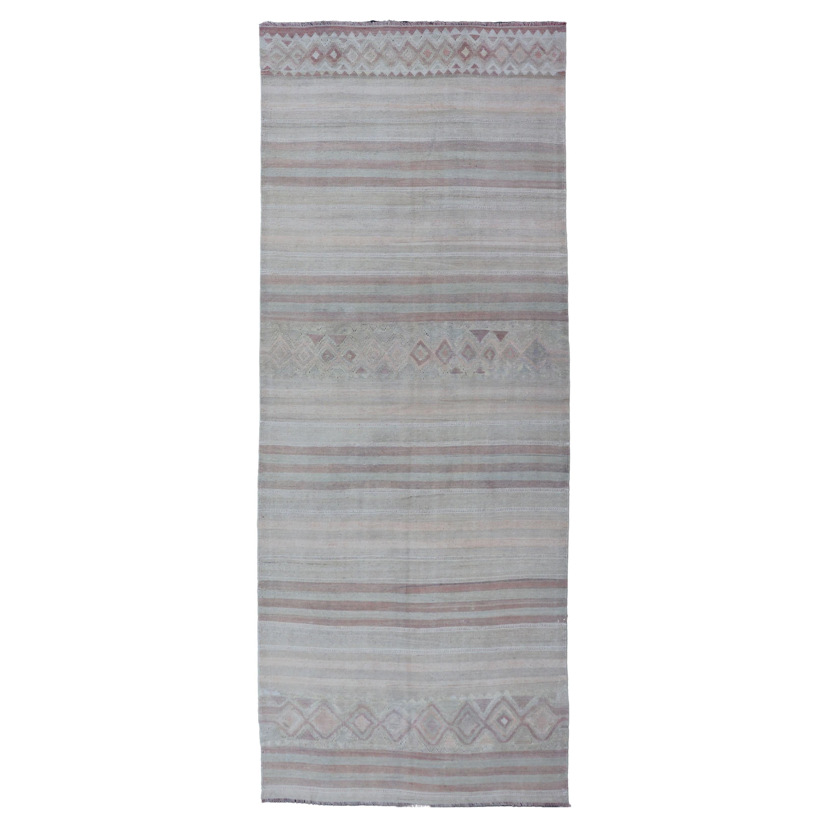  Vintage Turkish Gallery Kilim Runner with Creams, Soft Coral and Light Brown